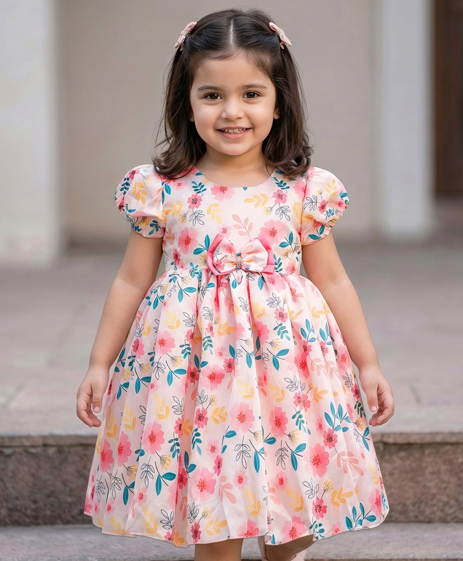 Babyhug Premium Satin Woven Half Puffed Sleeves Party Dress With Floral Print & Bow Applique - Multicolor-image-7