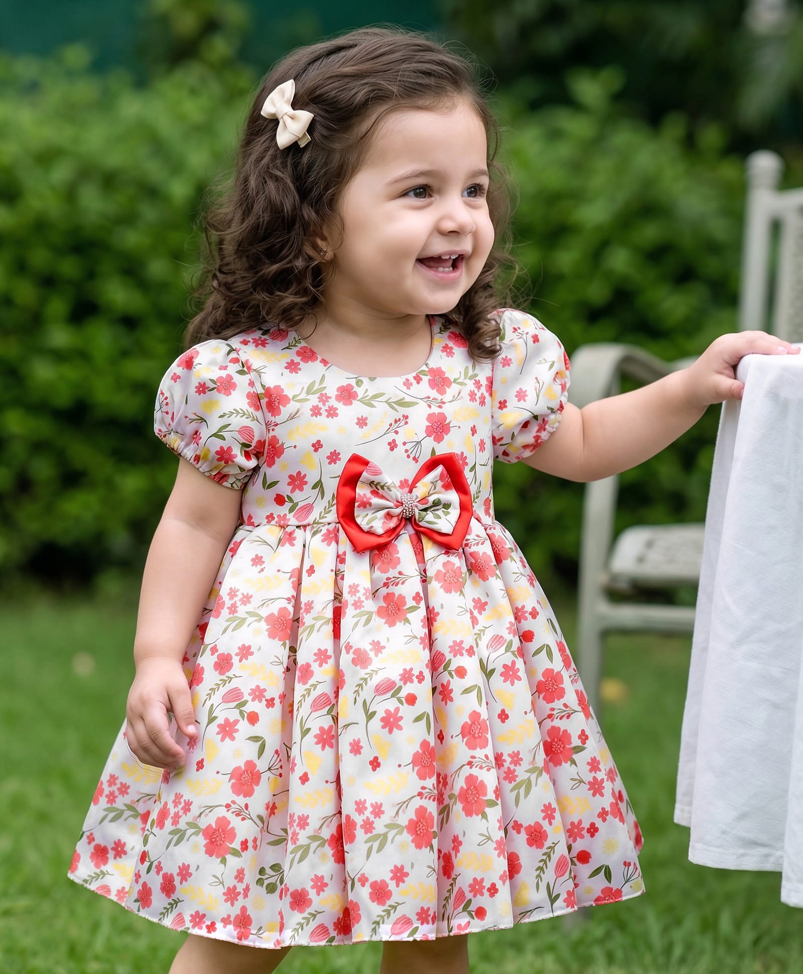 Babyhug Woven Half Puffed Sleeves 5 Layer Party Dress with Floral Print Bow Applique & Cotton Lining - White-image-41