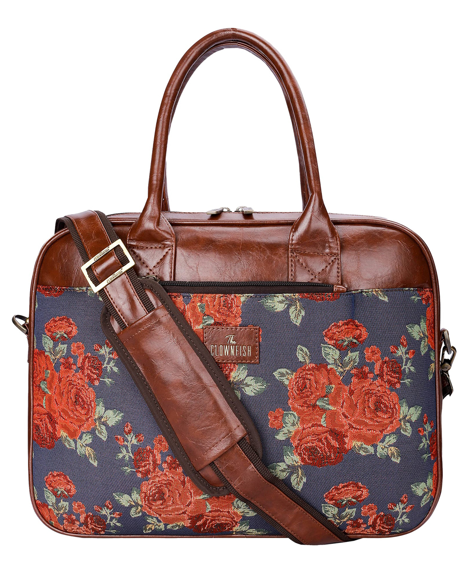 (TCFWLBTP-GA-156NBU) The Clownfish Deborah series 15.6 inch Laptop Bag For Women Tapestry Fabric Faux Leather Office Bag Briefcase Messenger Sling Handbag Business Bag -Navy Blue-image-7