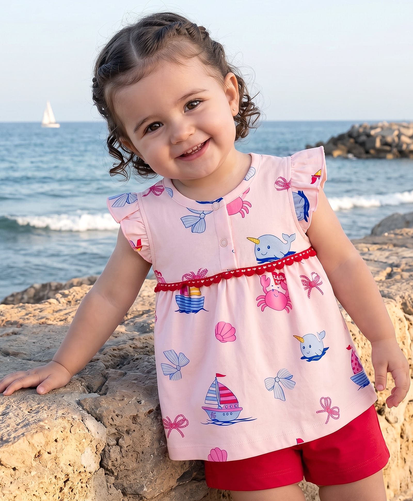 Babyoye Eco Conscious 100% Cotton Knit With Eco Jiva Finish Half Sleeves Nautical Theme Printed Top & Shorts Set - Multicolour-picture-37