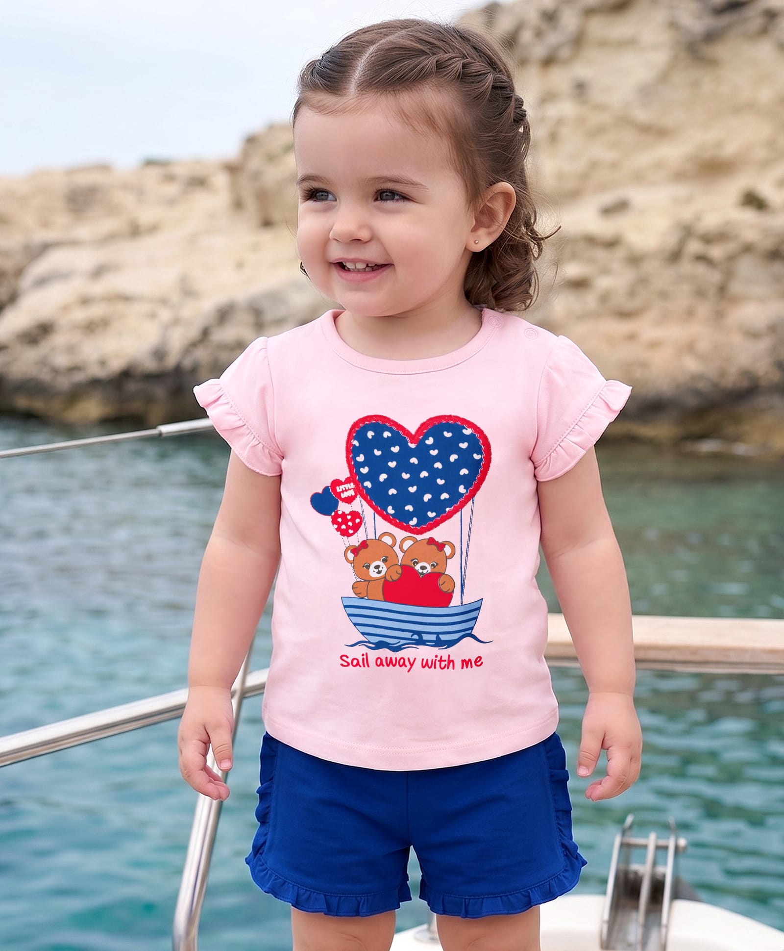 Babyoye Eco Conscious 100% Cotton Knit With Eco Jiva Finish Half Sleeves T-Shirt & Shorts Set with Teddy & Heart Print - Pink & Blue-picture-33