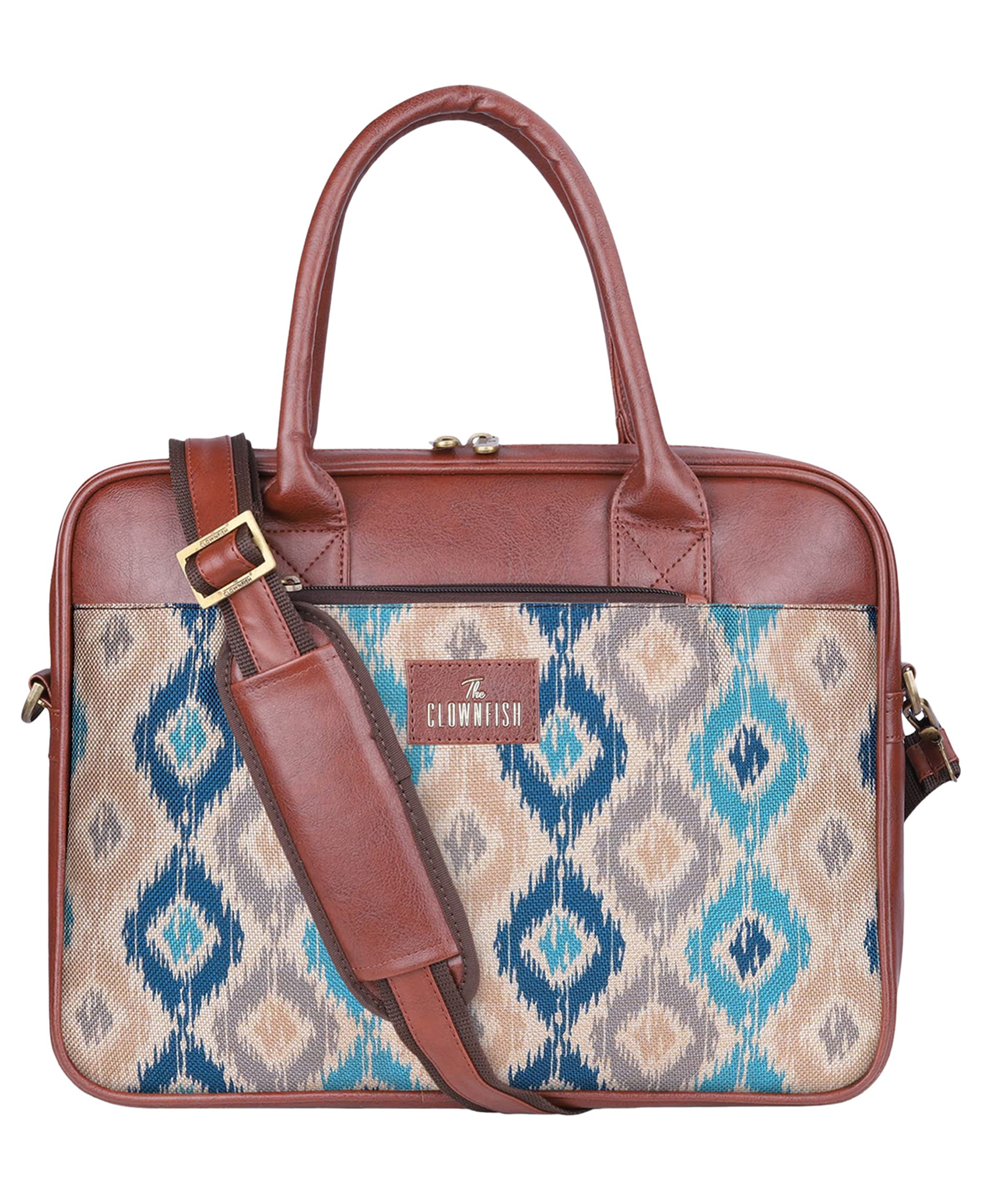 THE CLOWNFISH Deborah series 15.6 inch Laptop Bag For Women Printed Handicraft Fabric & Faux Leather Office Bag Briefcase Messenger Sling Handbag Business Bag (Pearl with Patola Design)-image-2