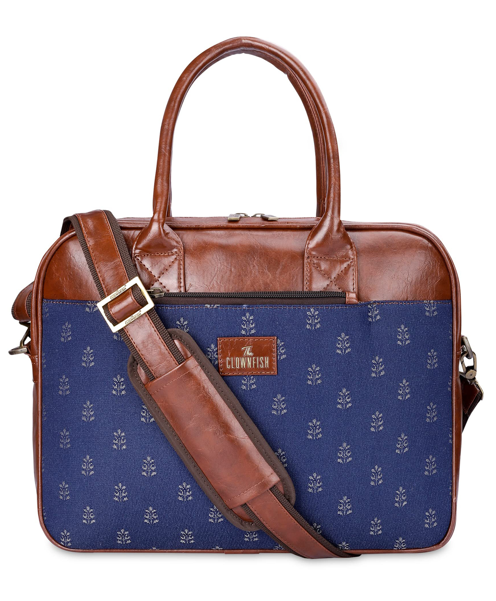 (TCFWLBTP-GA-156DNBU) The Clownfish Deborah series 15.6 inch Laptop Bag For Women Tapestry Fabric Faux Leather Office Bag Briefcase Messenger Sling Handbag (Denim Blue)-image-5