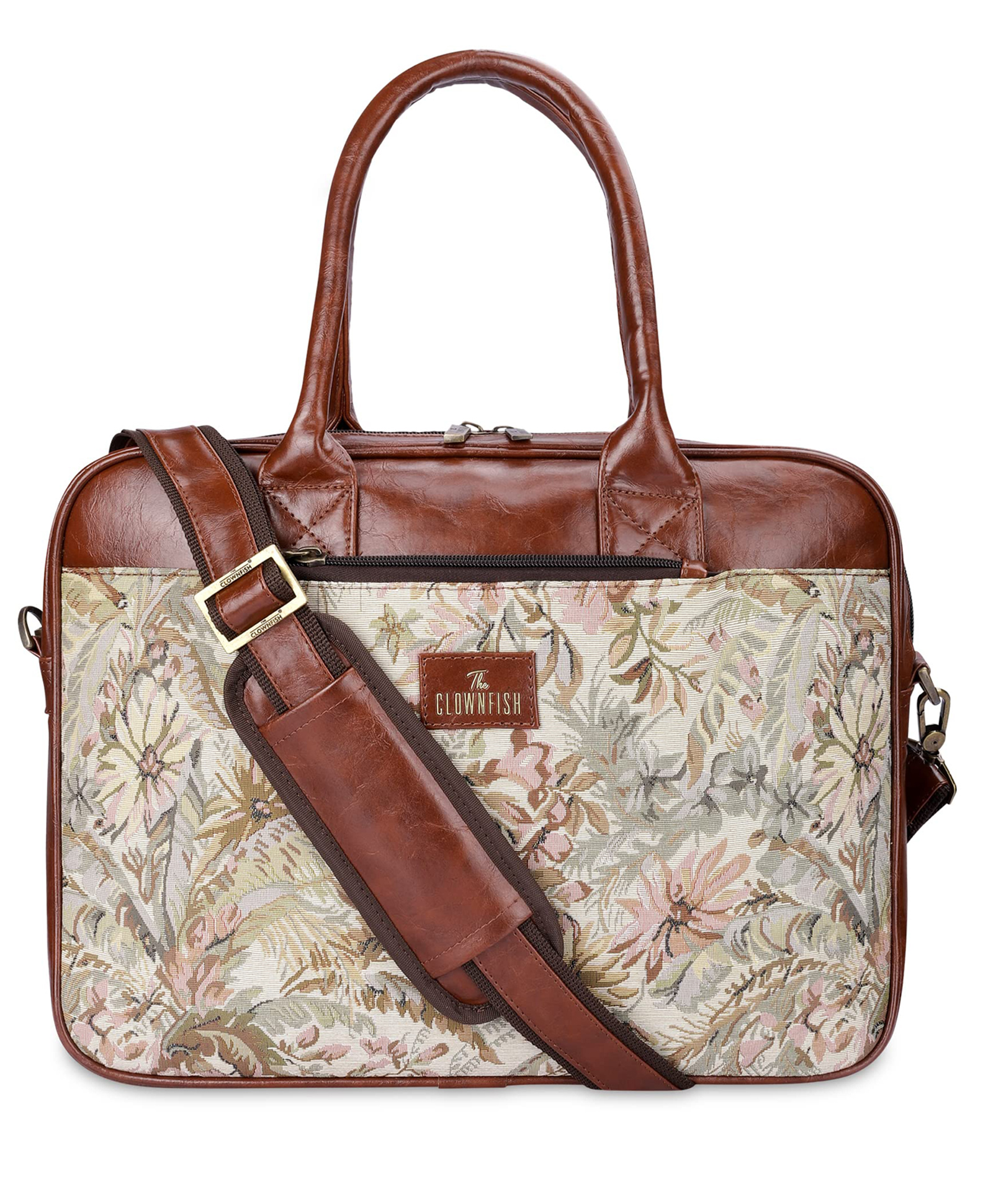 (TCFWLBTP-GA-156BEG) The Clownfish Deborah series 15.6 inch Laptop Bag For Women Tapestry Fabric Faux Leather Office Bag Briefcase Messenger Sling Handbag Business Bag (Beige)-image-4