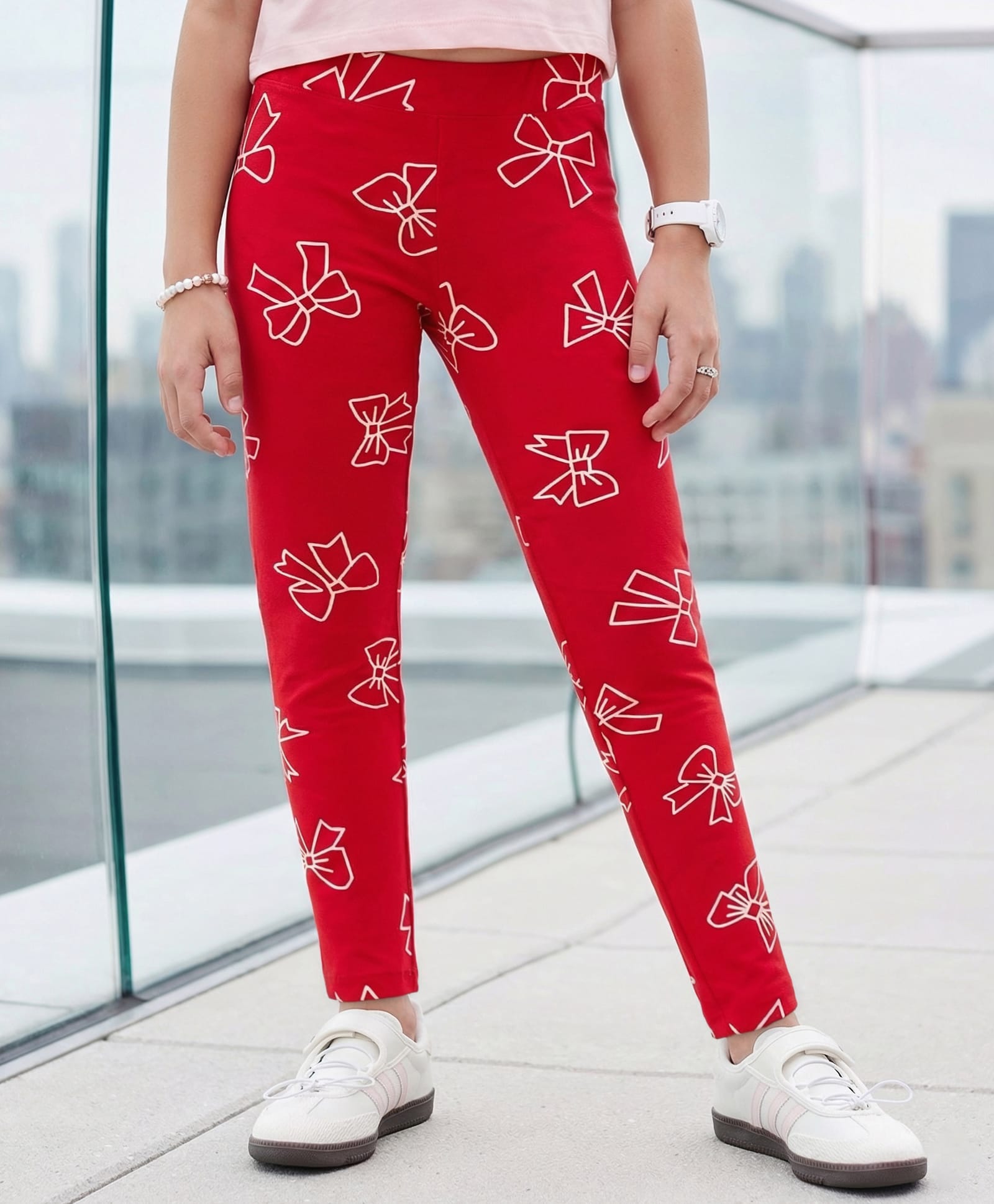 Pine Kids Cotton Lycra Knit Full Length Leggings With Bow Print - Red-picture-26