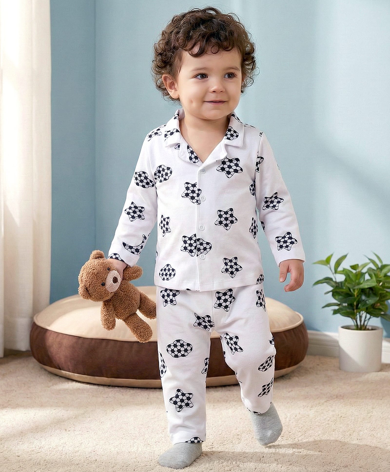 Babyoye 100% Cotton Knit Full Sleeves Co-ords Shirt & Pajama Night Suit with Star Print - White-picture-13