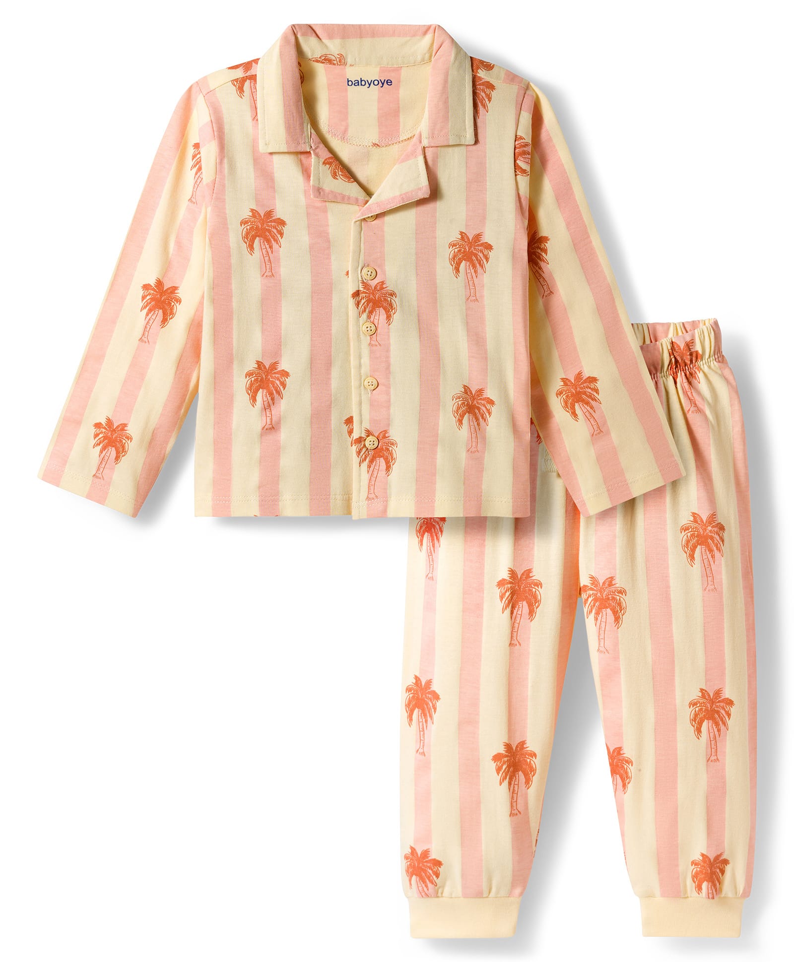 Babyoye 100% Cotton Knit Full Sleeves Front Open Beach Theme Printed Shirt & Pyjama Co-Ord Night Suit - Light Yellow & Peach-image-49