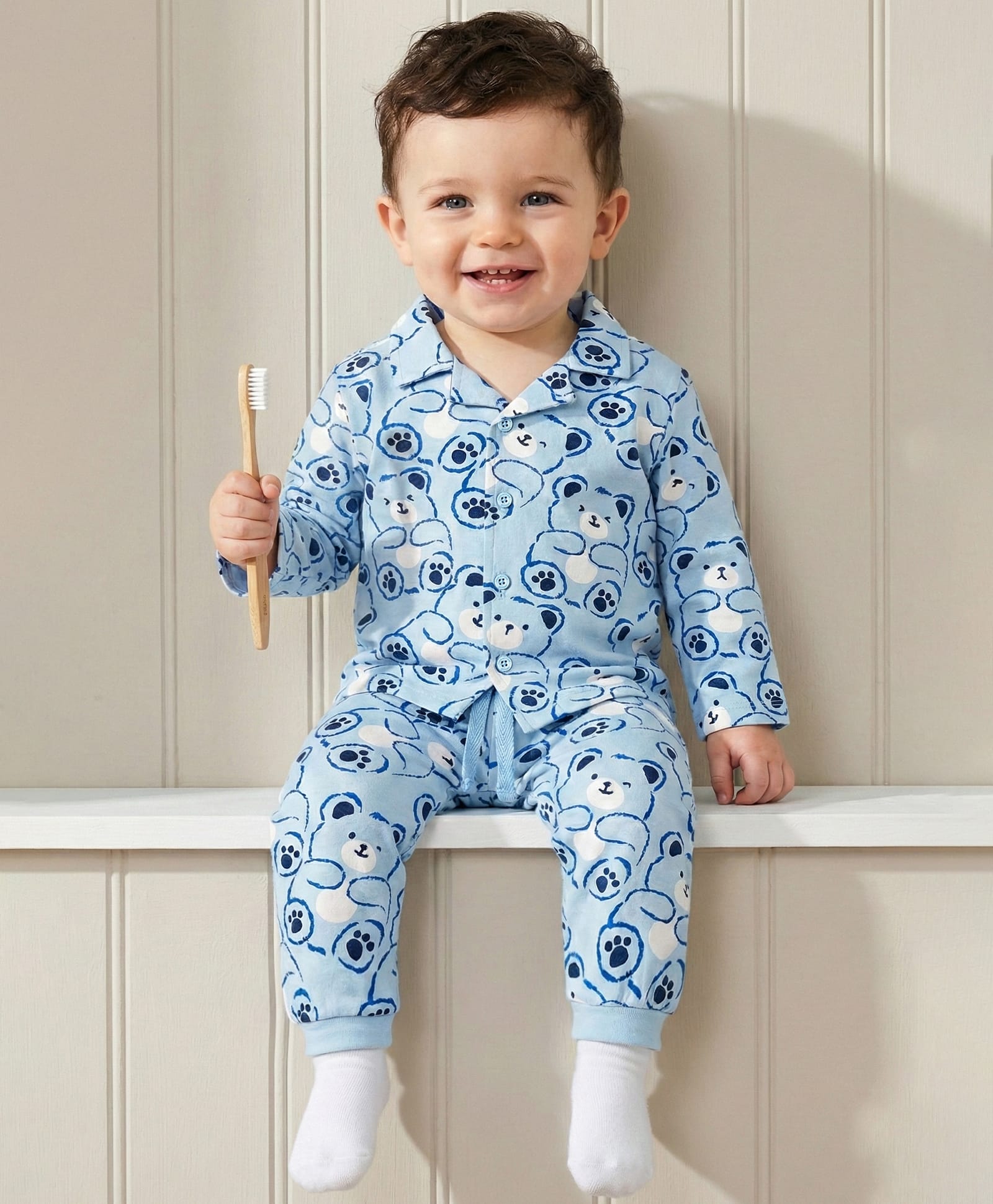 Babyoye 100% Cotton Knit Full Sleeves Shirt & Pyjama Co-ord Night Suit With Teddy Bear Print - Aqua-picture-14