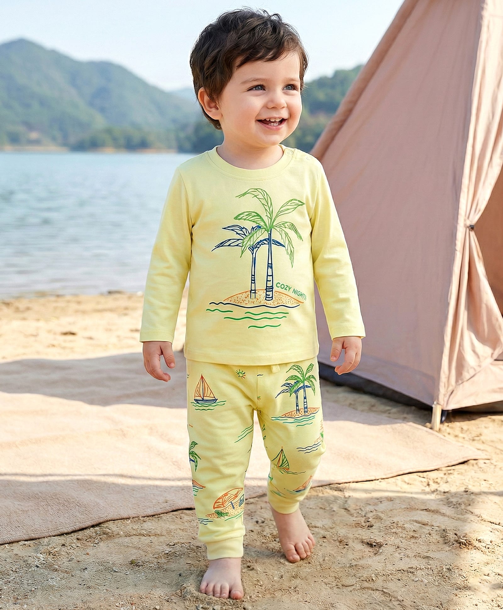 Babyoye 100% Cotton Knit Full Sleeves Beach Theme Printed T-Shirt & Pyjama Night Suit - Yellow