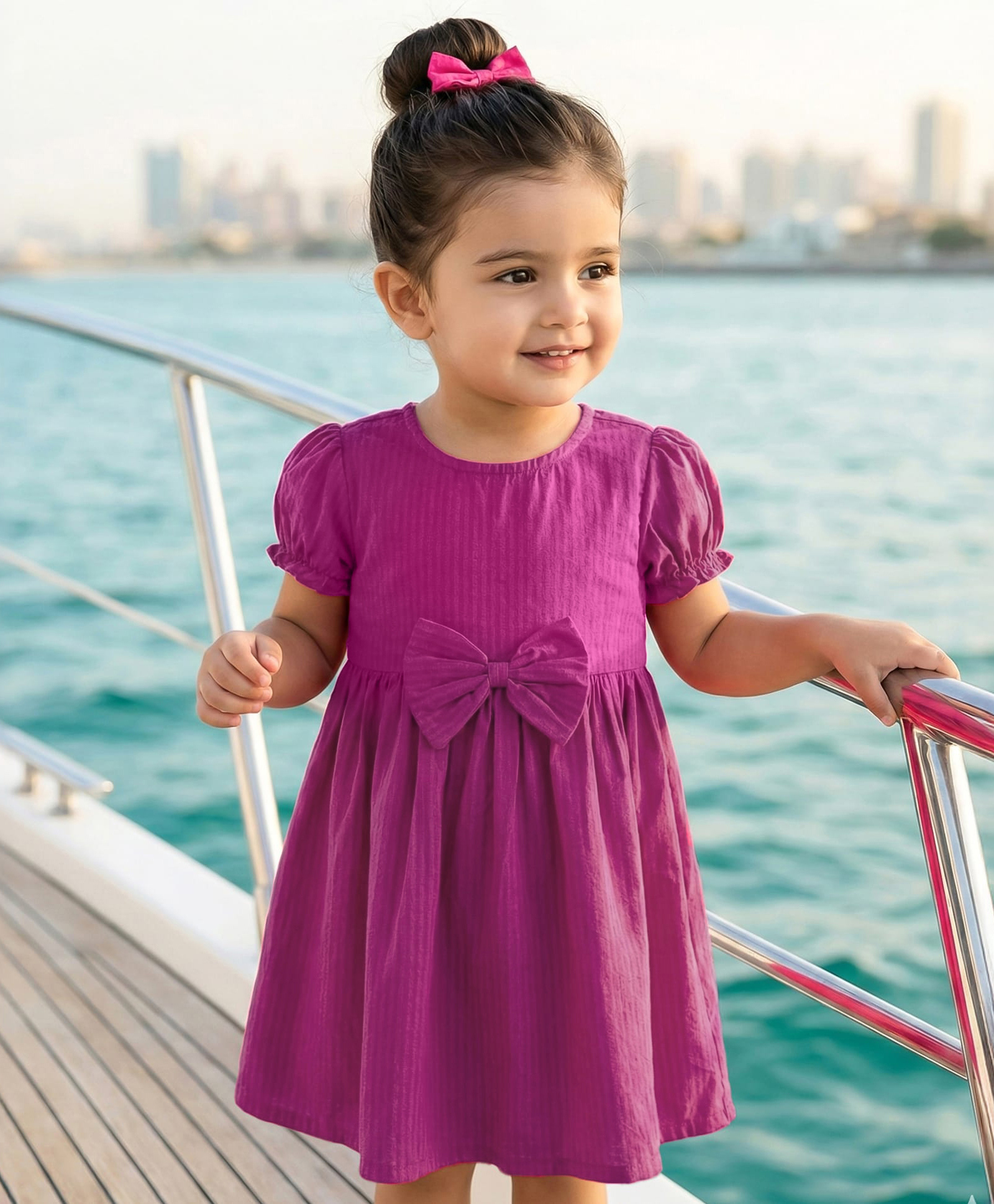 Babyhug Cotton Woven Half Puffed Sleeves Solid Colour A Line Frock with Bow Applique - Dark Pink-picture-32