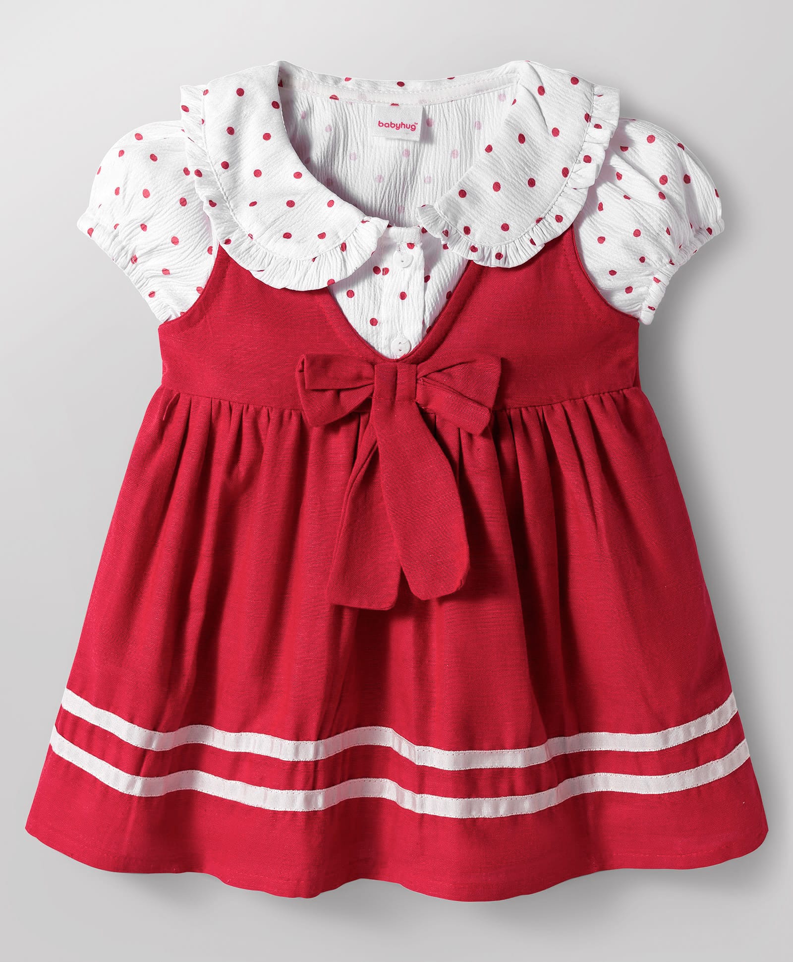Babyhug Cotton Woven Half Puffed Sleeves Polka Dots Printed T-Shirt & Frock with Bow Applique - Red-image-15