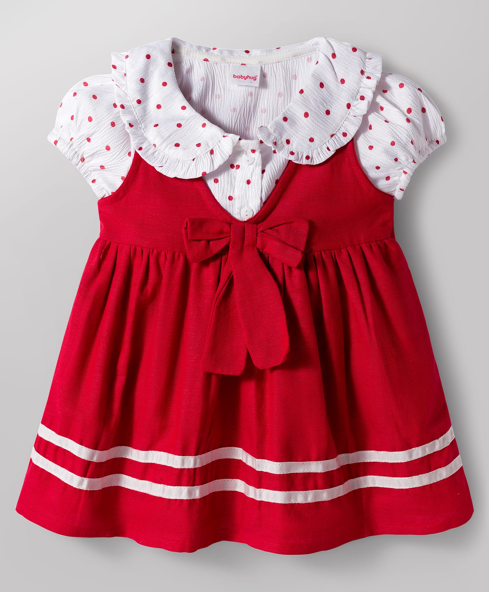 Babyhug Cotton Woven Half Puffed Sleeves Polka Dots Printed T-Shirt & Frock with Bow Applique - Red