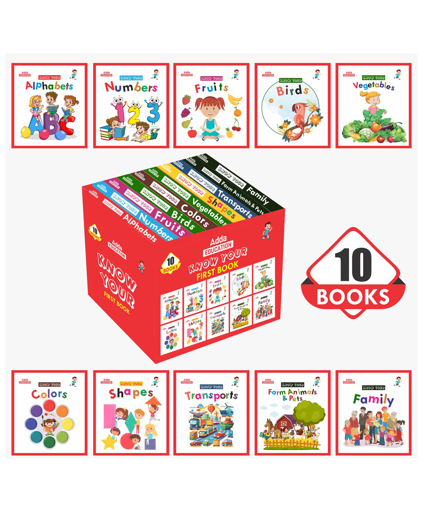 Kids First Learning Library Set of 10 Books ABC, Numbers, Shapes, Colors, Farm Animals & Pets, Birds, Fruits, Vegetables & Transport, Family_English Printed Edition-image-20