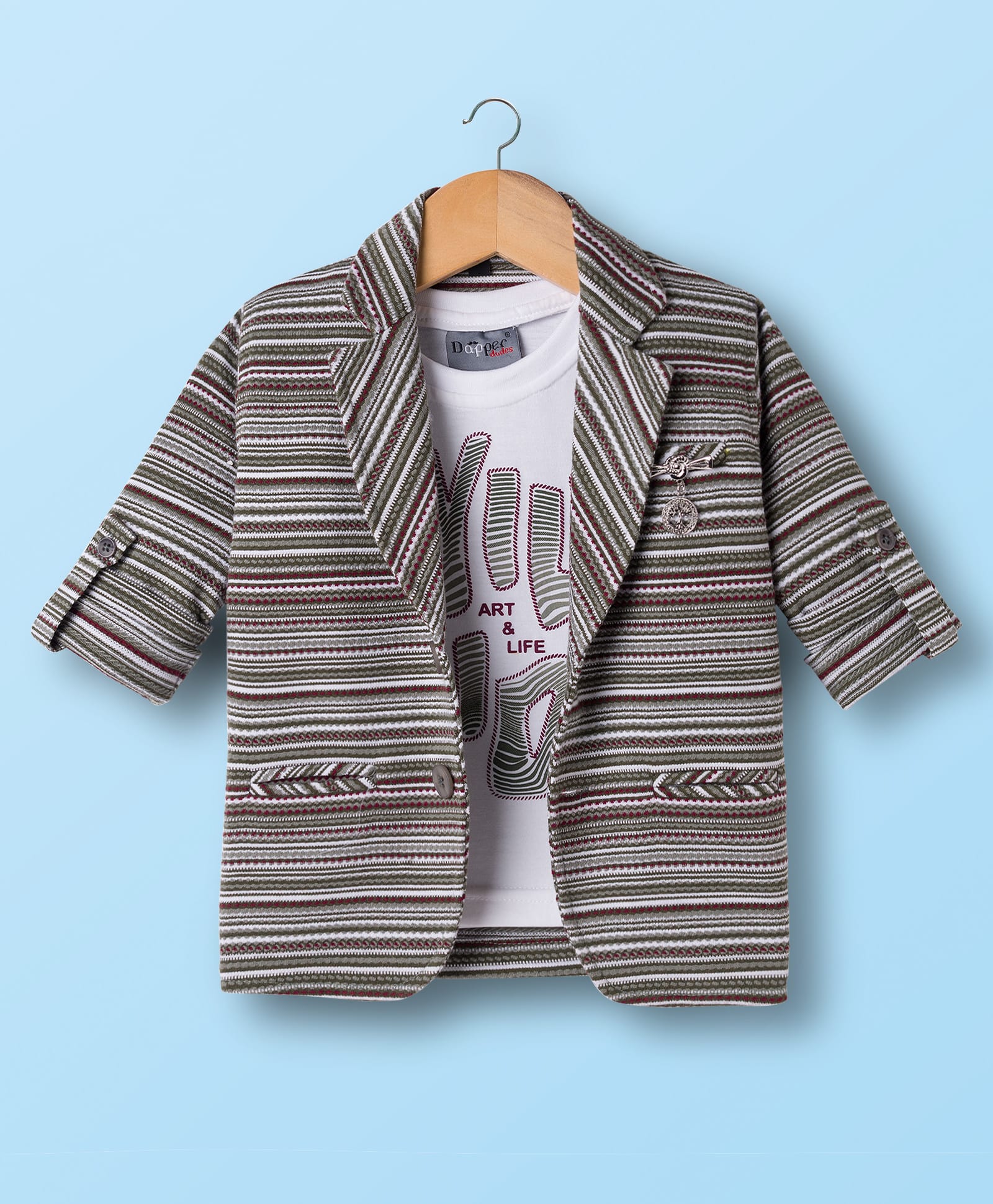 Dapper Dudes Full Sleeves Striped Blazer With Typography Printed Tee - Olive Green-picture-13