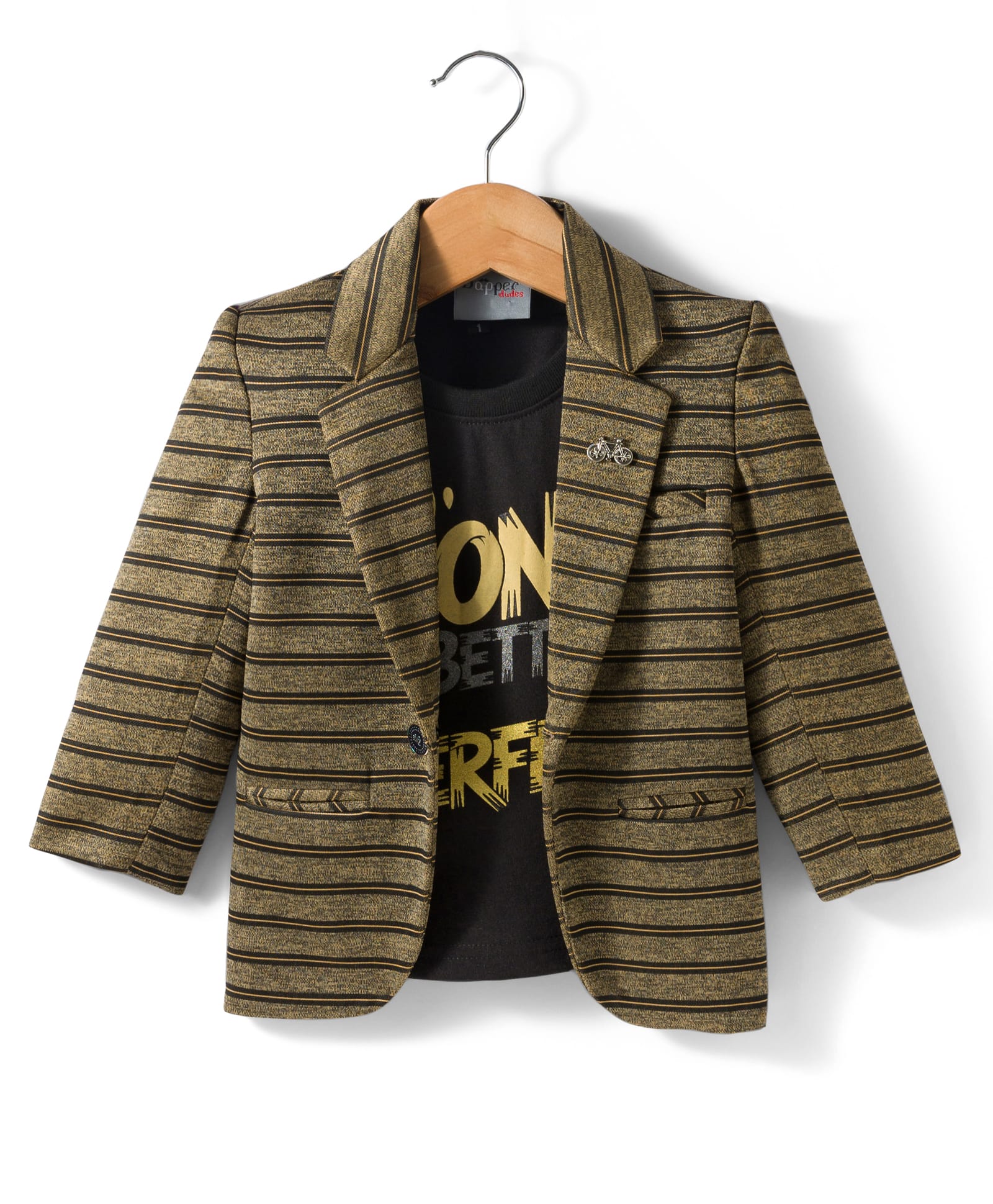 Dapper Dudes Full Sleeves Striped Blazer With Typography Printed Tee - Brown-picture-16
