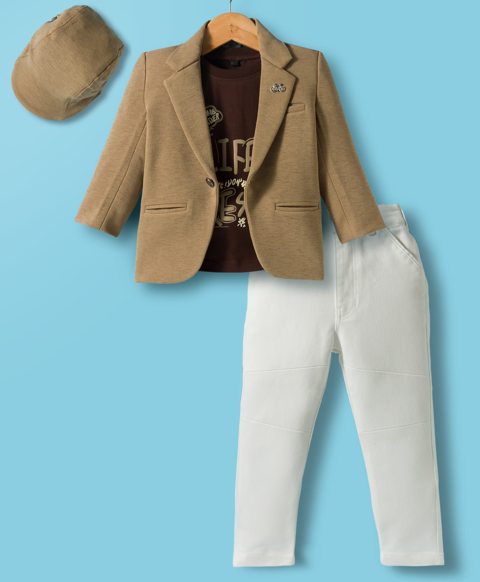 Dapper Dudes Full Sleeves Brooch Detailed Blazer With Typography Printed Tee & Pant Set With Cap - Brown-image-21