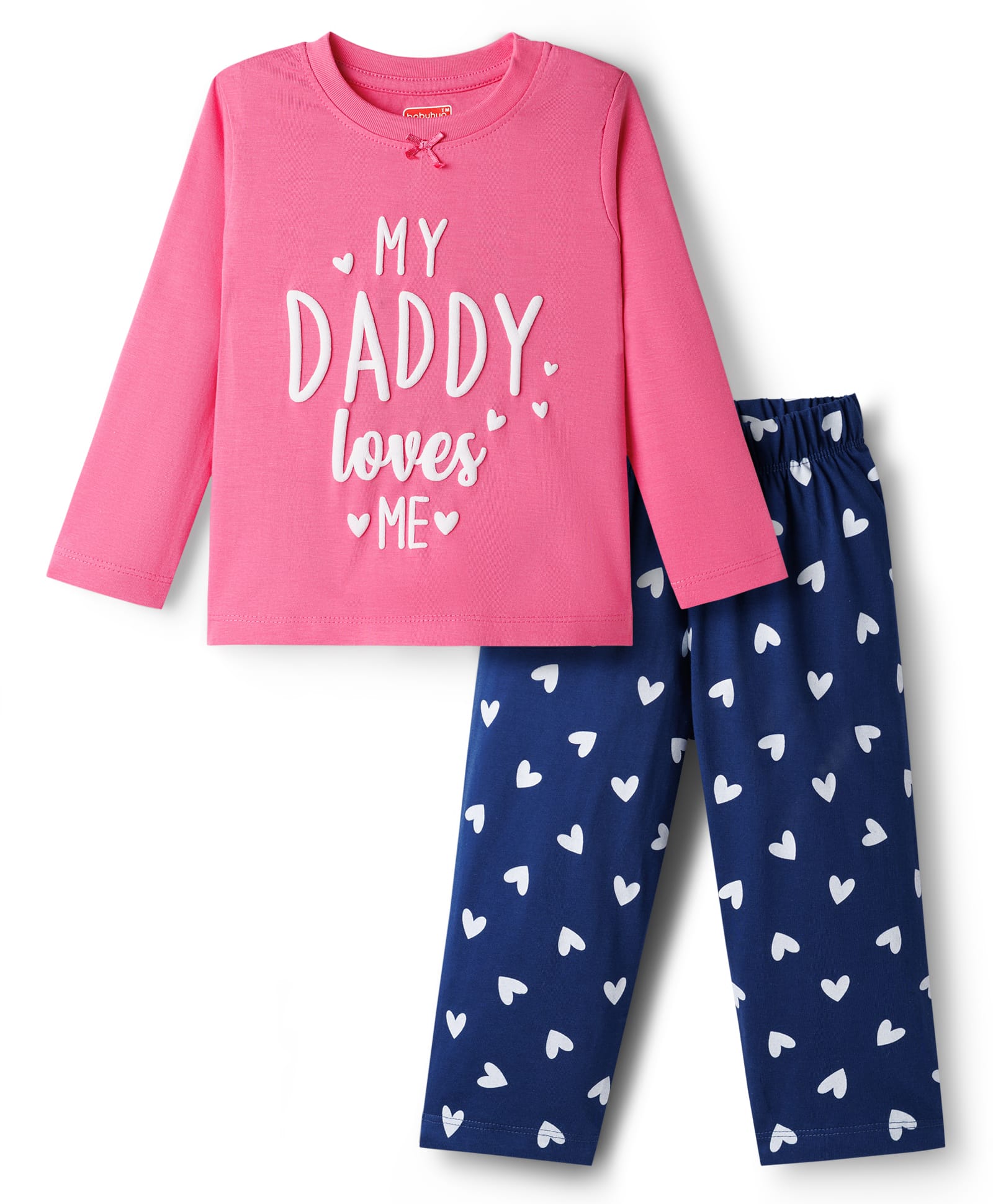 Babyhug Cotton Knit Full Sleeves Text & Hearts Printed T-Shirt & Pyjama Night Suit - Pink & Navy Blue