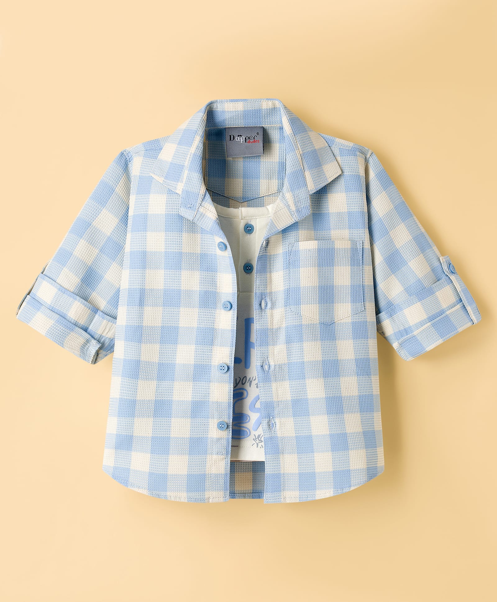 Dapper Dudes Full Sleeves Checked Shirt With Attached Tee - Blue-image-5