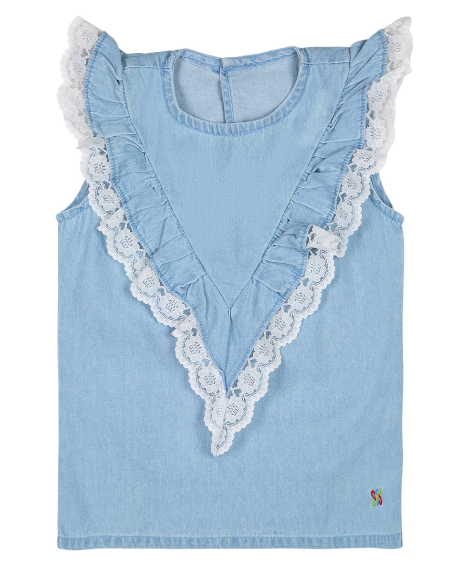 Knit N Knot Girls Denim Woven Sleeveless Lace & Ruffle Detailed Top - Light Blue-picture-30