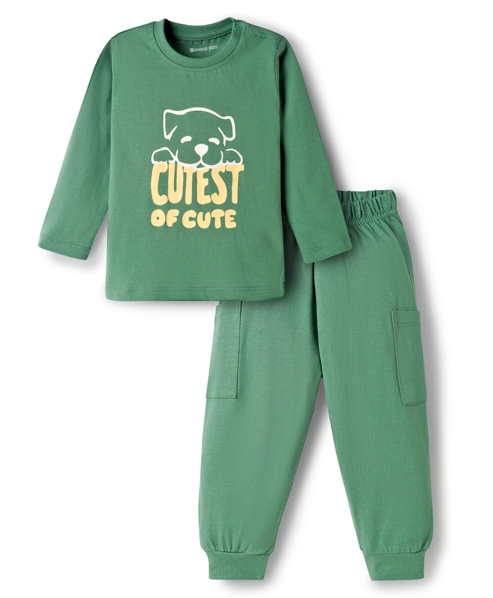 kookie kids india Kookie Kids Single Jersey Knit Full Sleeves T-Shirt & Lounge Pant With Dog Print - Green-picture-36
