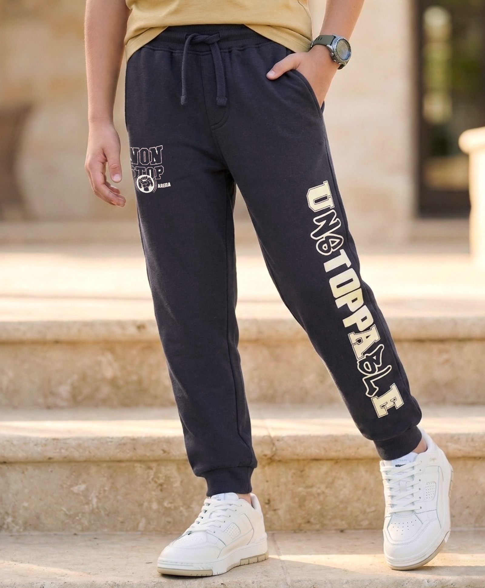 Pine Kids Looper Knit Full Length Lounge Pant With Unstoppable Print - Black-image-37