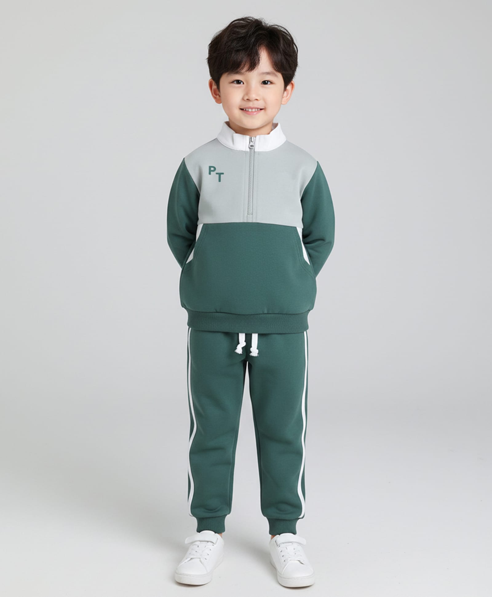 Polka Tots Cotton Knit Full Sleeves Colour Blocked Printed Sweatshirt & Joggers Set - Green & Grey-image-47