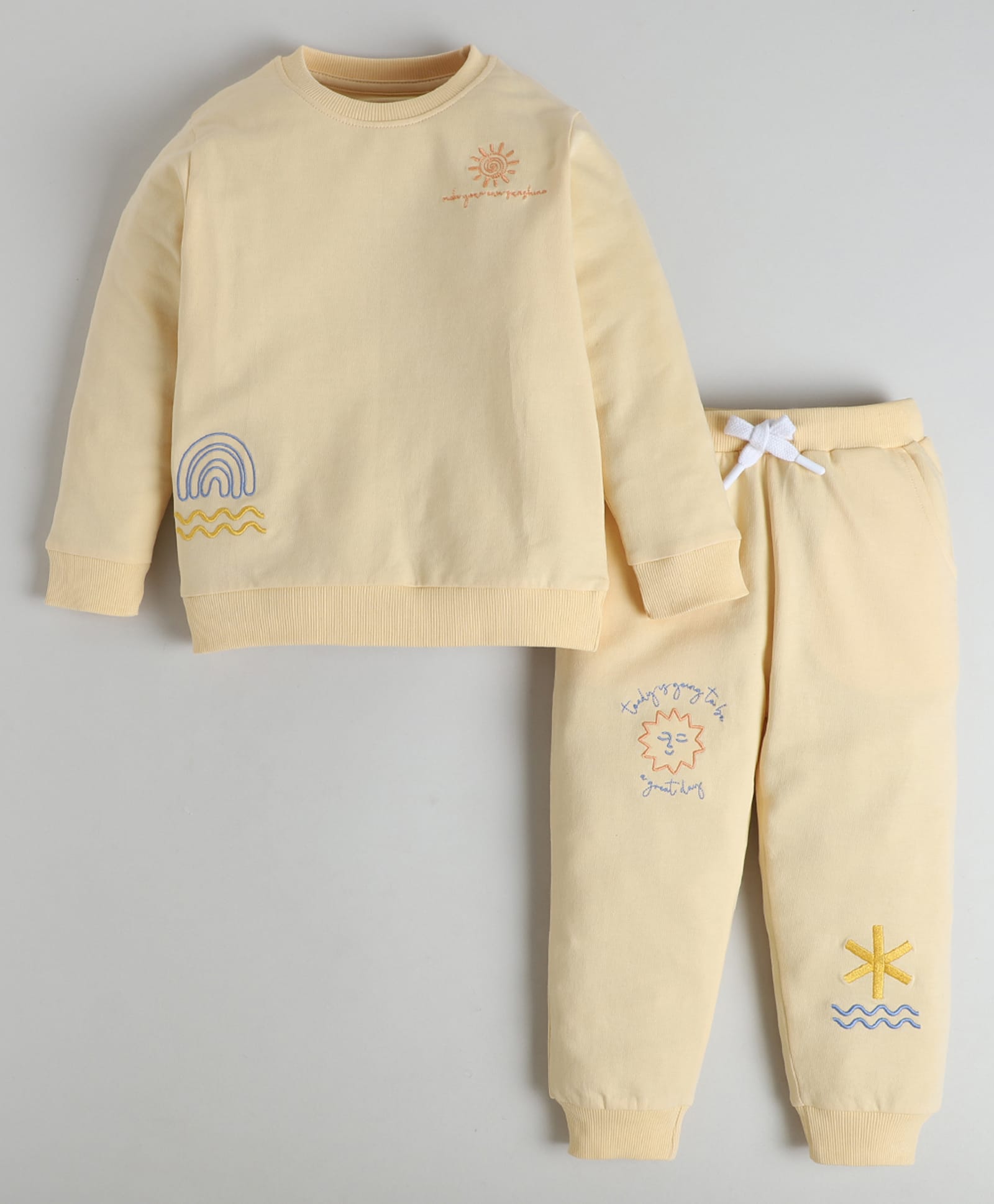 Polka Tots Cotton Knit Full Sleeves Sun & Rainbow Designed Sweatshirt & Joggers Set - Cream-image-28