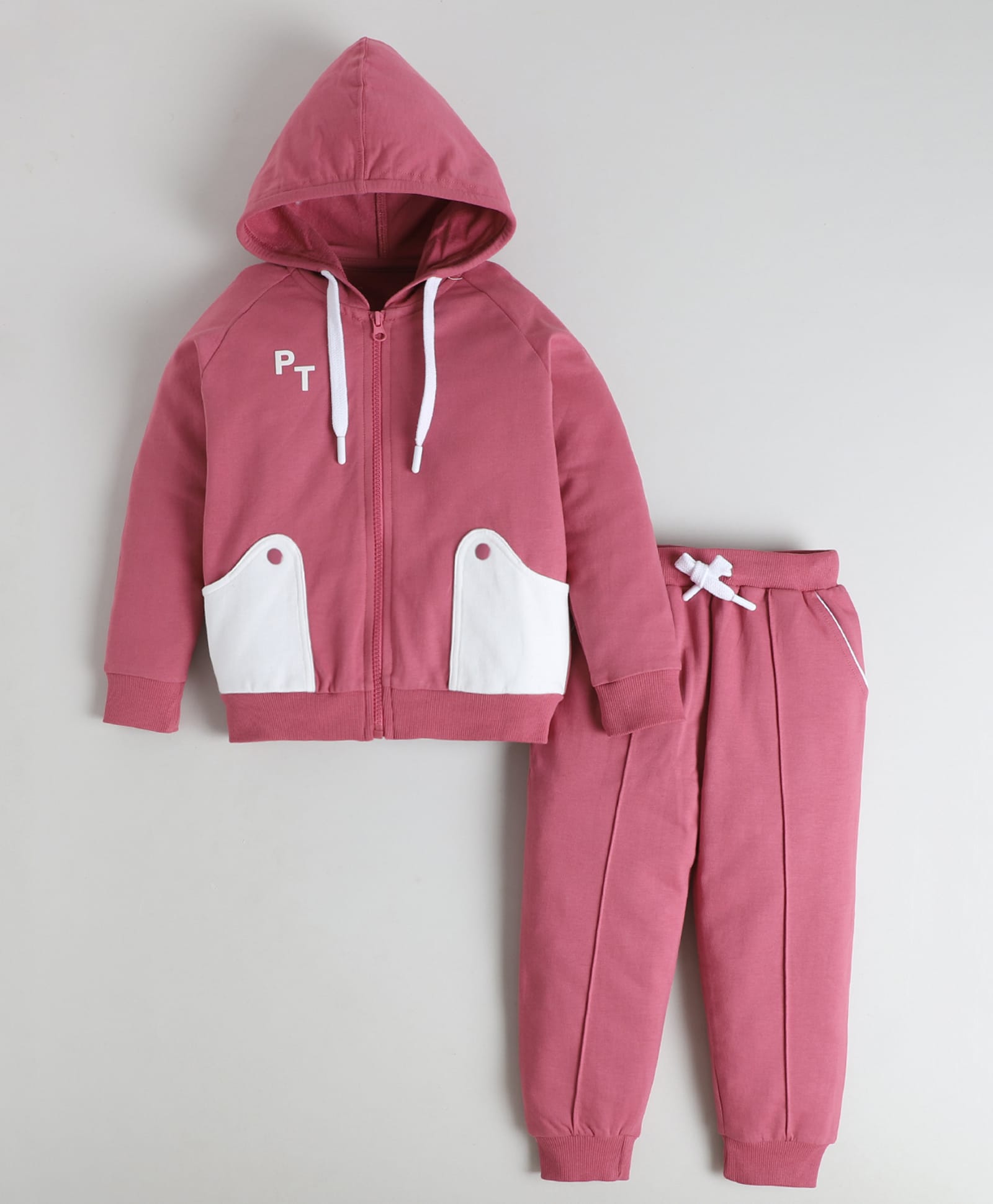 Polka Tots Cotton Knit Full Sleeves Solid Hooded Jacket & Joggers Set - Mauve-picture-17