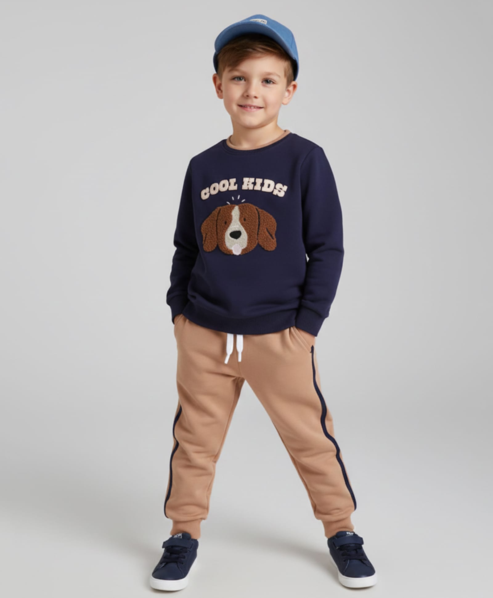 Polka Tots Cotton Knit Full Sleeves Cool Kids Text Printed Dog Patch Detailed Sweatshirt & Joggers Set - Blue & Brown-image-8