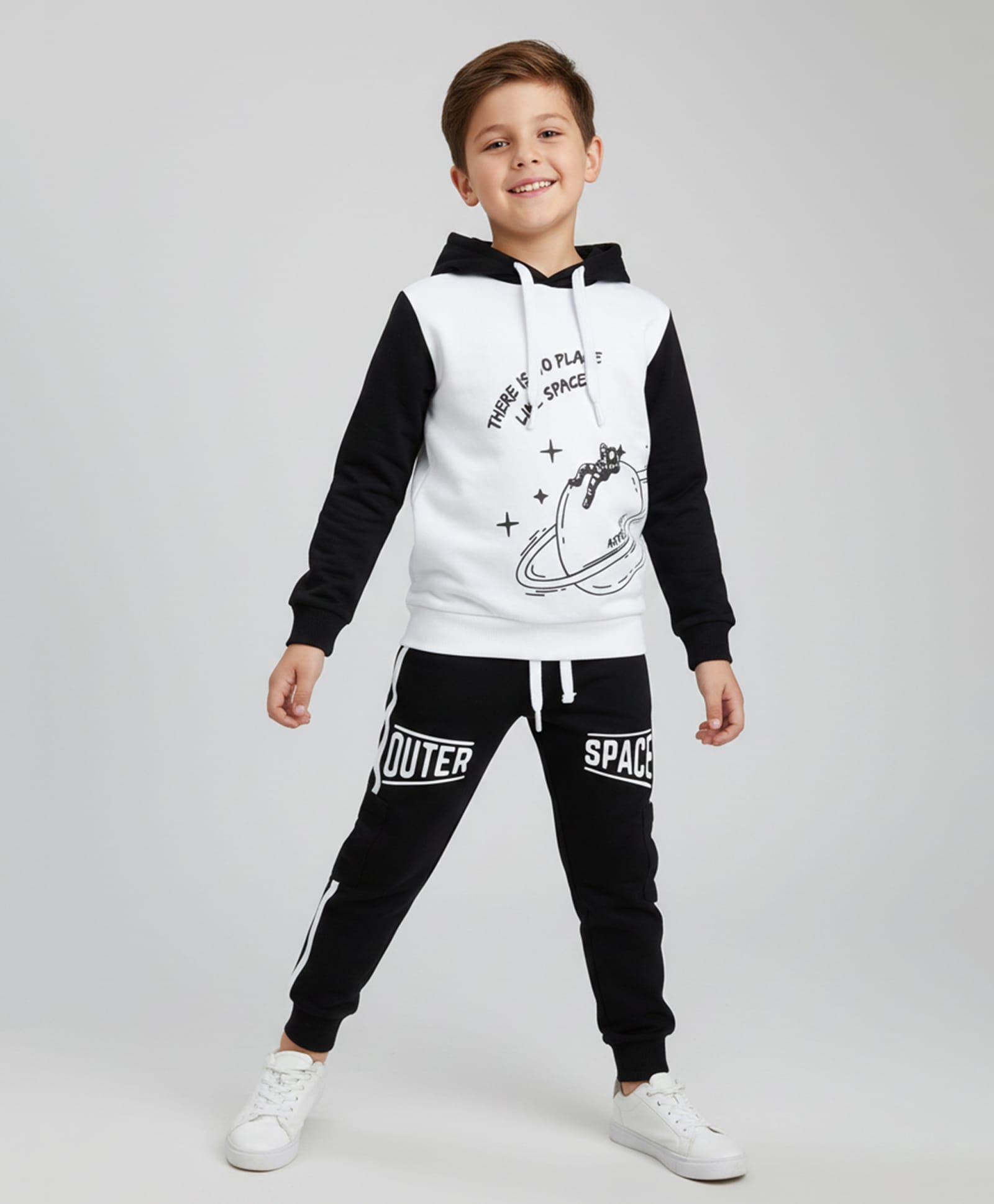 Polka Tots Cotton Knit Full Sleeves There Is No Place Like Space Text Printed Hooded Sweatshirt & Joggers Set - Black & White-image-14