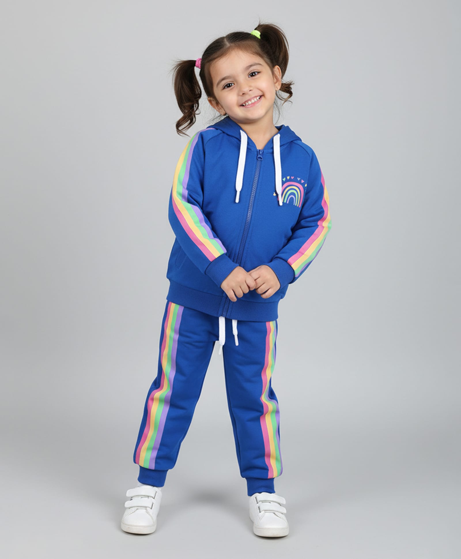 Polka Tots Cotton Knit Full Sleeves Rainbow Printed Hooded Jacket & Joggers Set - Royal Blue-image-18