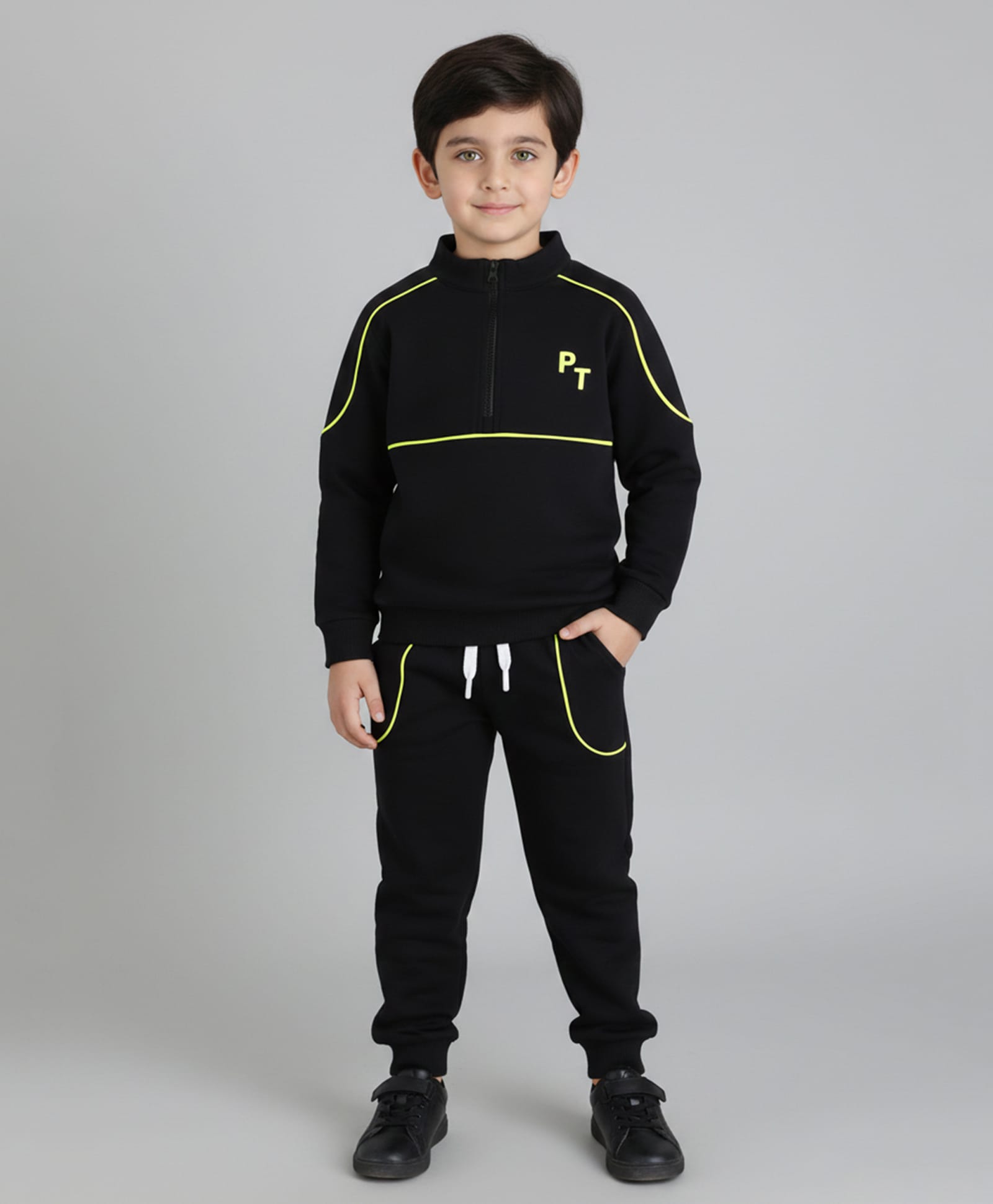 Polka Tots Cotton Knit Full Sleeves Solid Jacket & Joggers Set - Dark Black-image-28