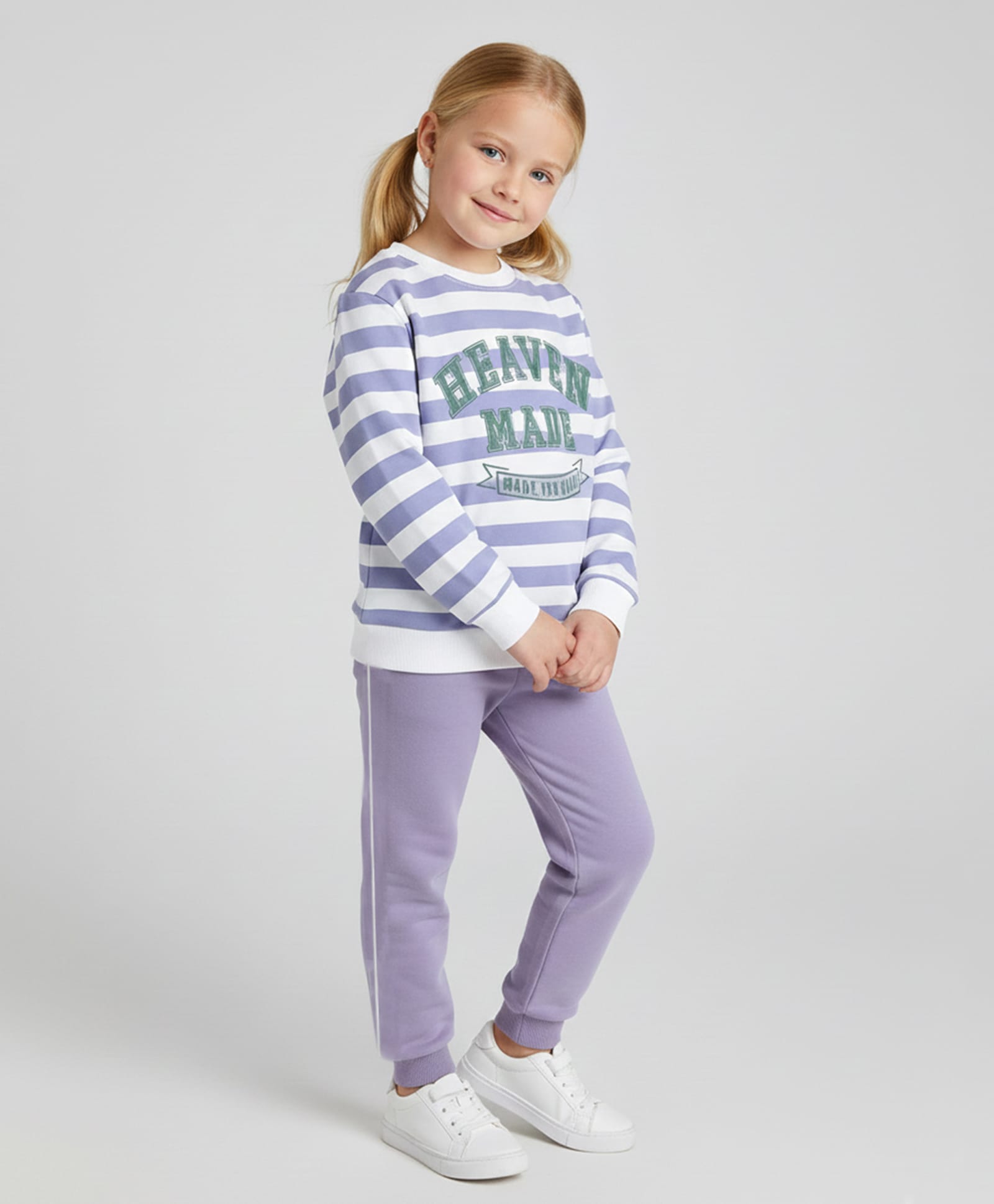 Polka Tots Cotton Knit Full Sleeves Striped Heaven Made Text Printed Sweatshirt & Joggers Set - Lilac & White-image-26