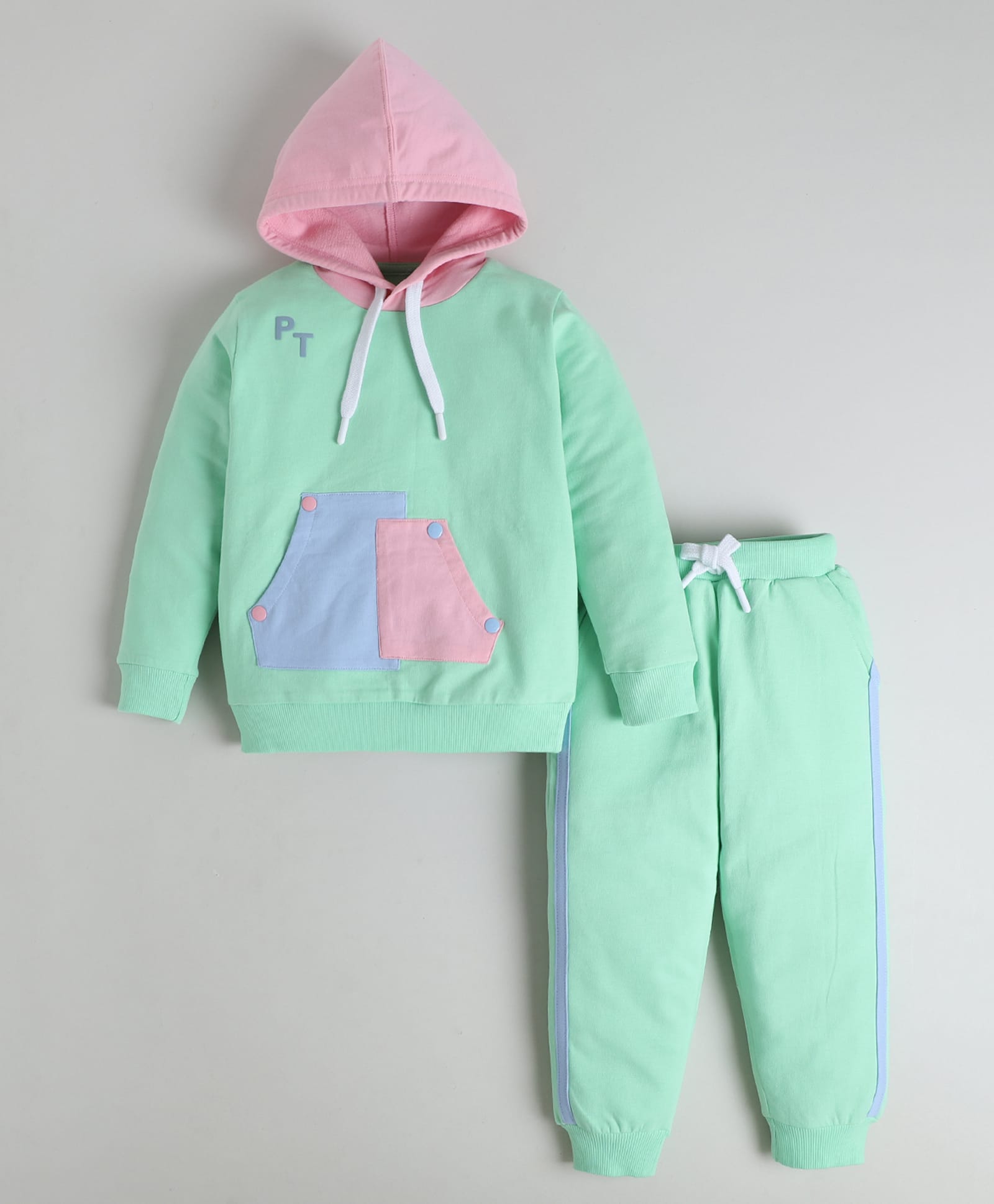 Polka Tots Cotton Knit Full Sleeves Pt Text Patch Detailed Hooded Sweatshirt & Joggers Set - Mint Green-picture-21
