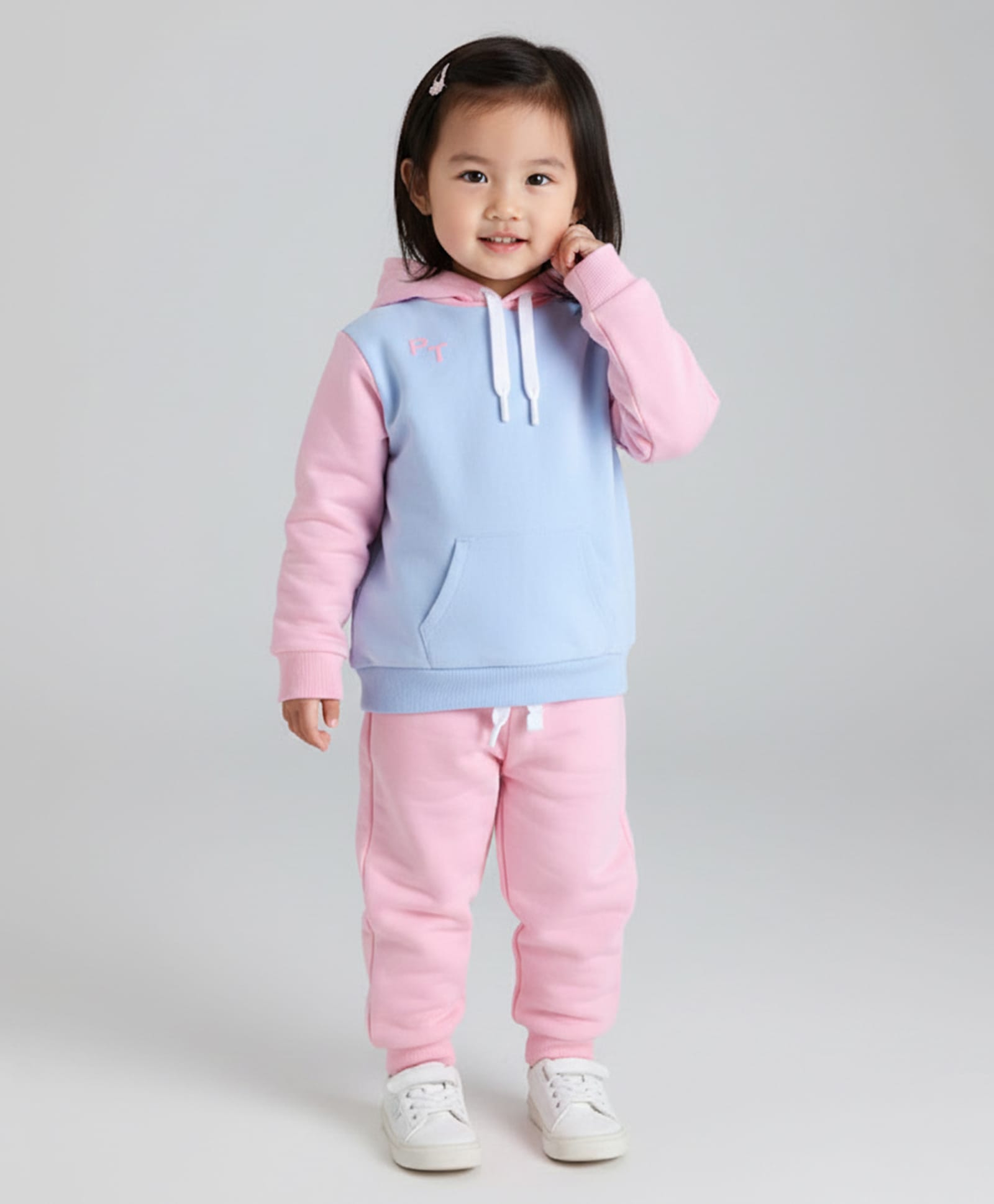 Polka Tots Cotton Knit Full Sleeves Colour Blocked Hooded Sweatshirt & Joggers Set - Light Blue & Light Pink-image-21