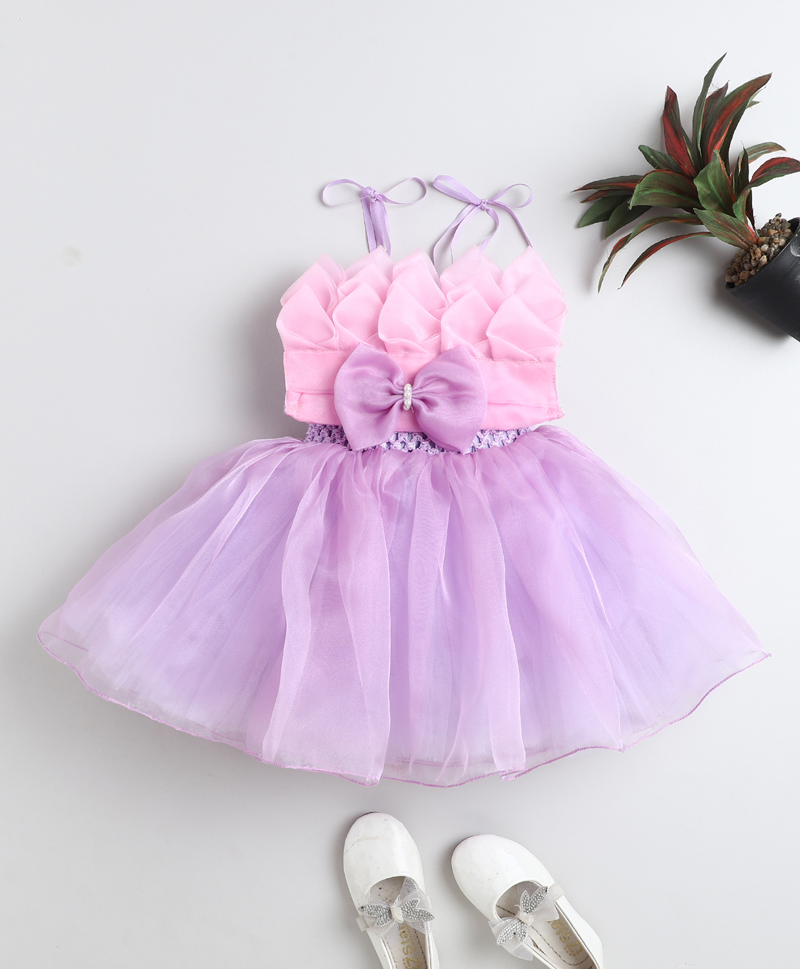 TINY MINY MEE Elastane Woven Sleeveless Petals & Bow Embellished Dress - Lavender-picture-11
