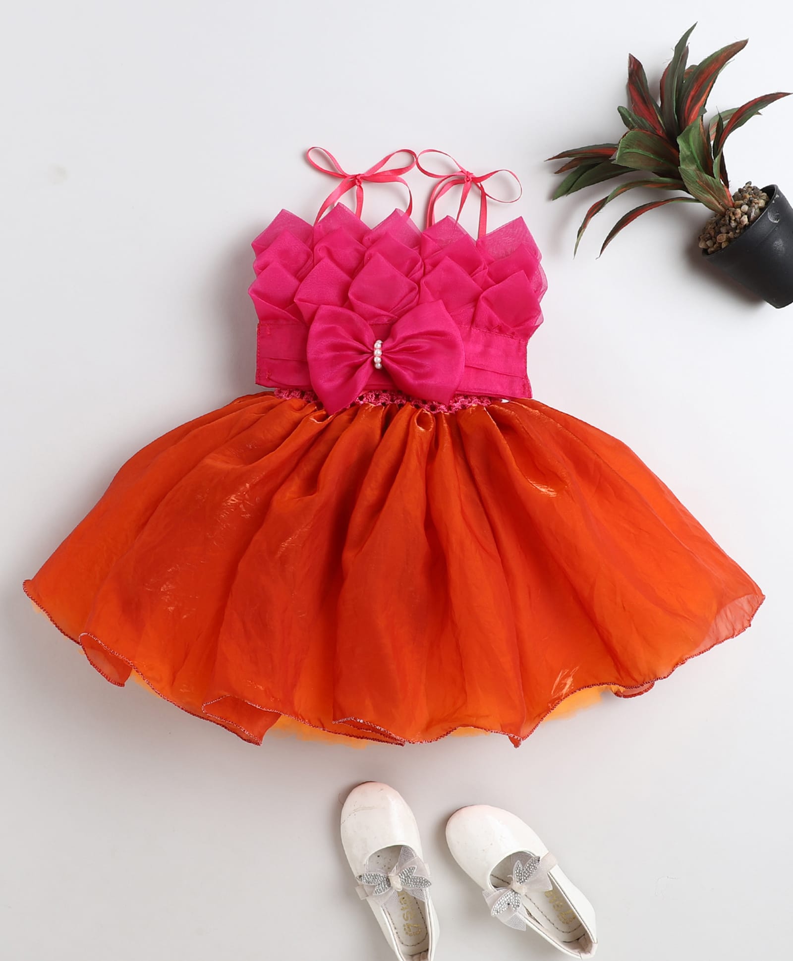 TINY MINY MEE Elastane Woven Sleeveless Abstract Designed Dress With Bow Applique Detailed Top - Orange-image-37