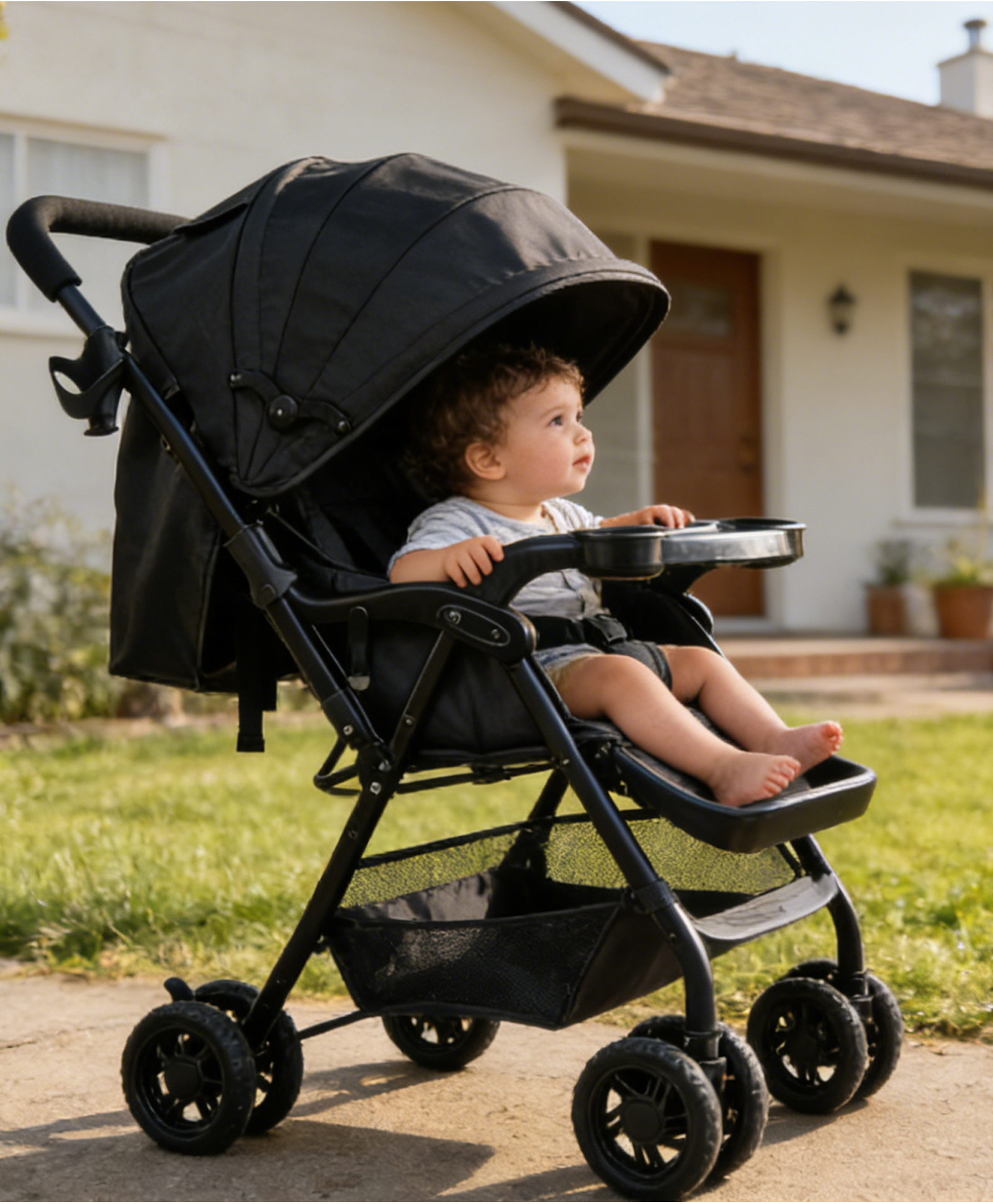 fab n funky Standard Baby Stroller with Reversible Handle - Black| Reclining Seat| 5-Point Safety Harness| One-Hand Fold| Front Swivel Wheels with Lock| Rear Wheels with Brake| Storage Basket & Canopy-picture-26