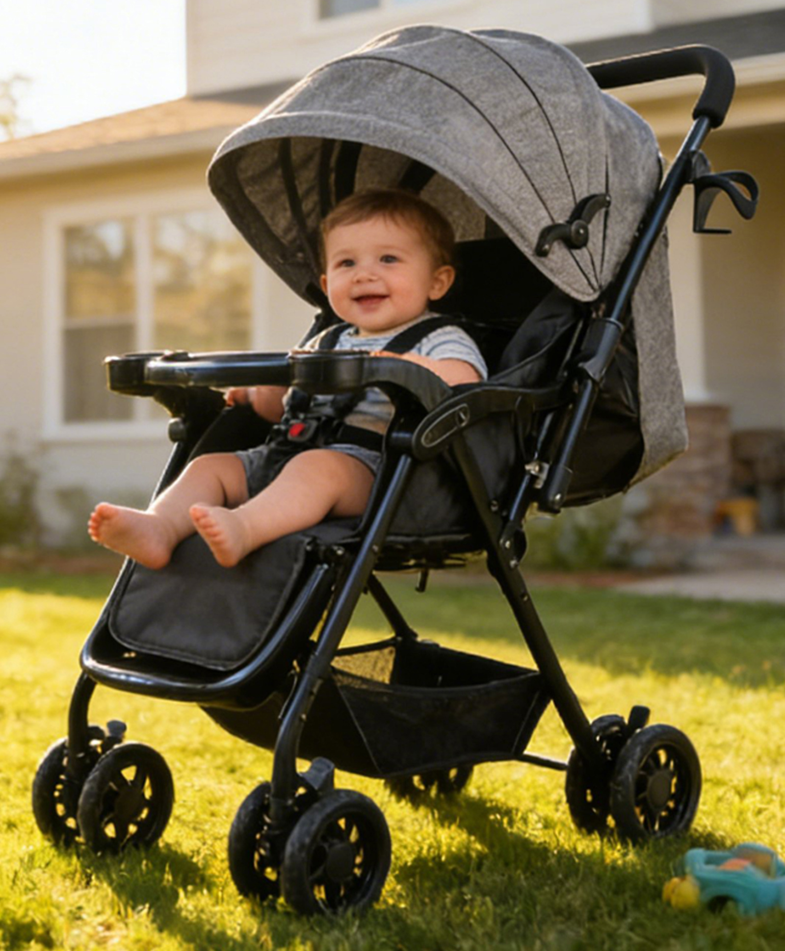Standard Baby Stroller with Reversible Handle - Grey| Reclining Seat| 5-Point Safety Harness| One-Hand Fold| Front Swivel Wheels with Lock| Rear Wheels with Brake| Storage Basket & Canopy-image-32