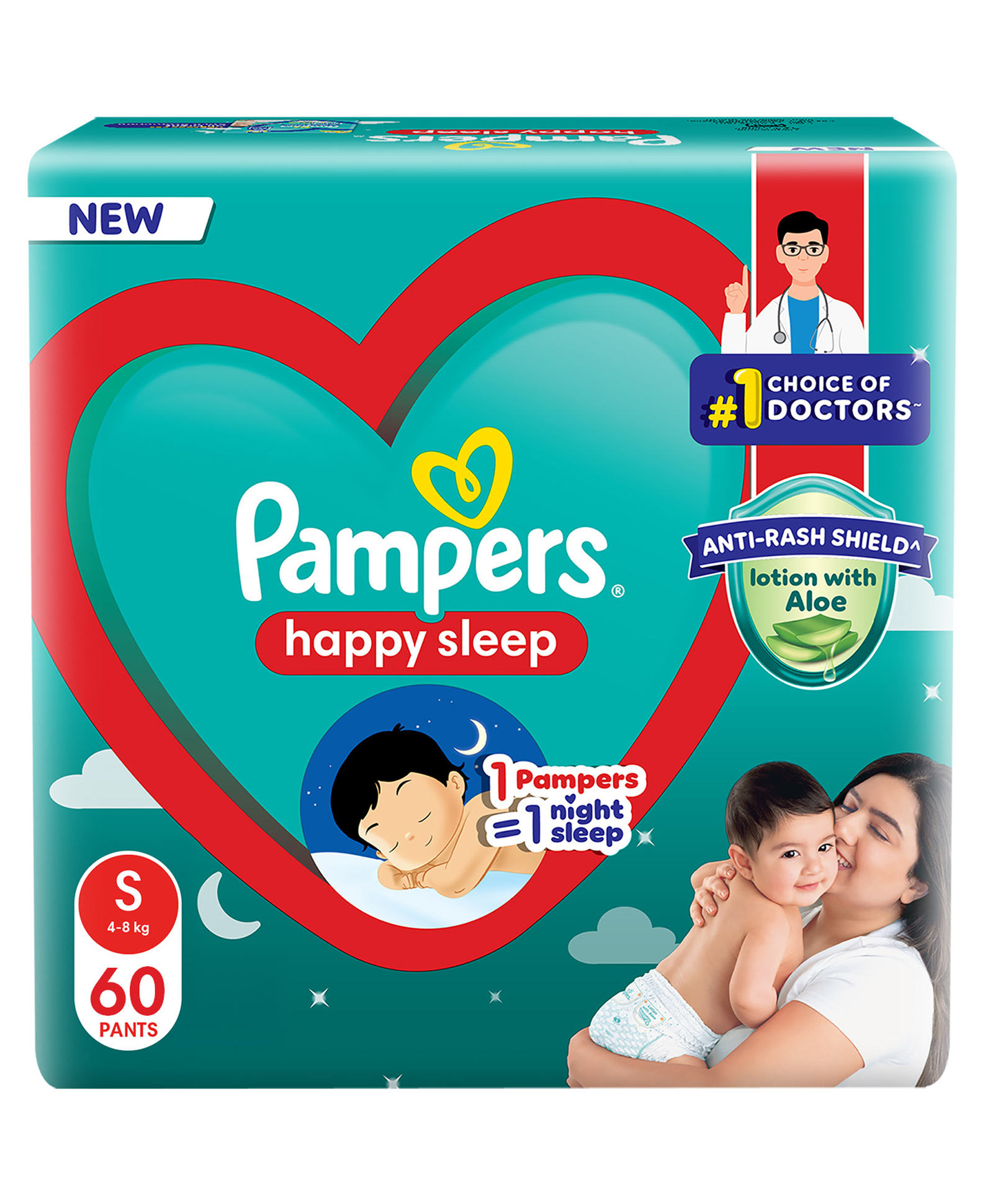 Pampers Happy Sleep Pant Style Baby Diaper 1 Pampers 1 Night Sleep with Anti Rash Shield S - 60 Pieces-image-3