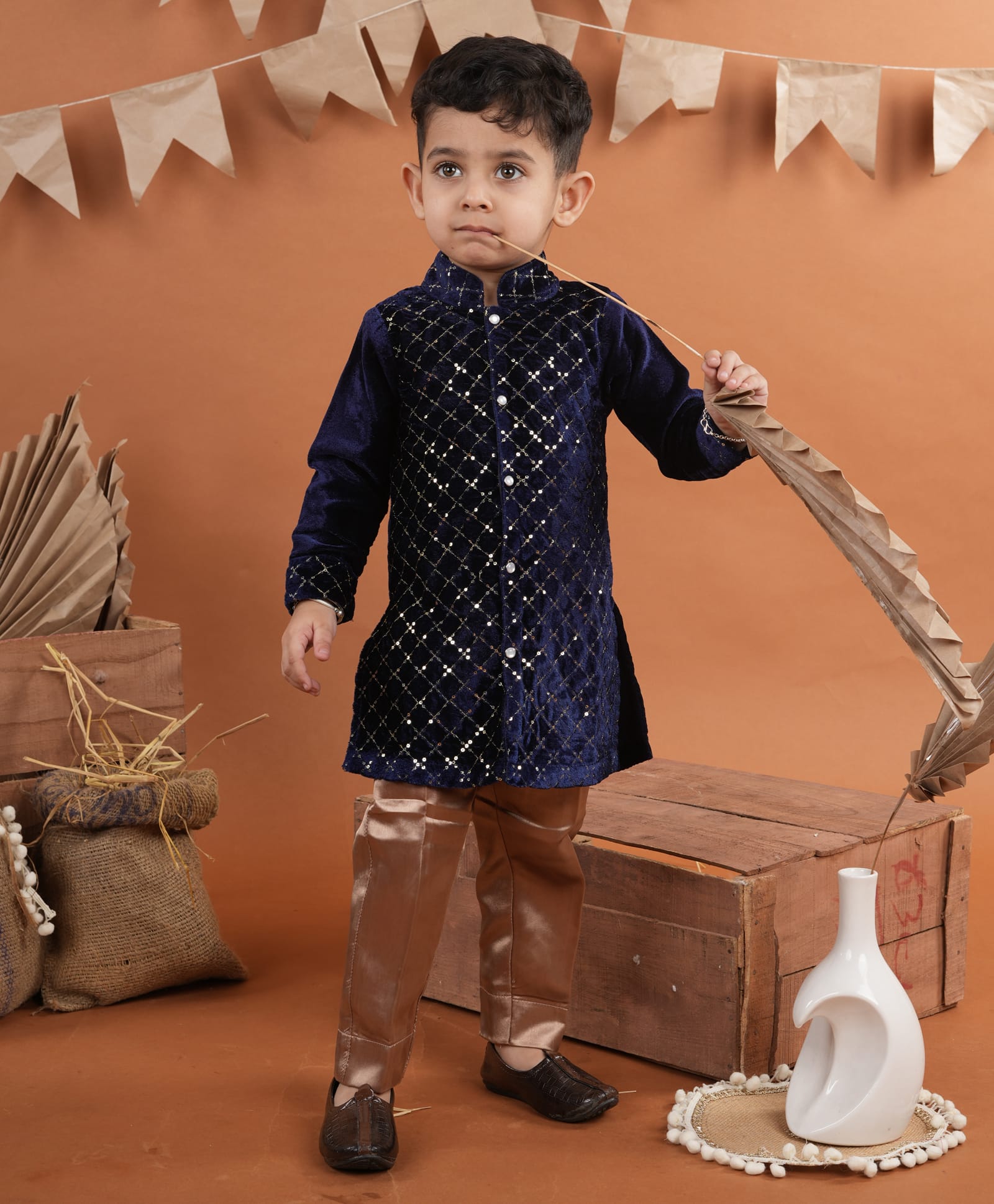 Titrit Velvet Woven Full Sleeves Sequins Embelished Kurta & Pyjama Set - Navy-image-44