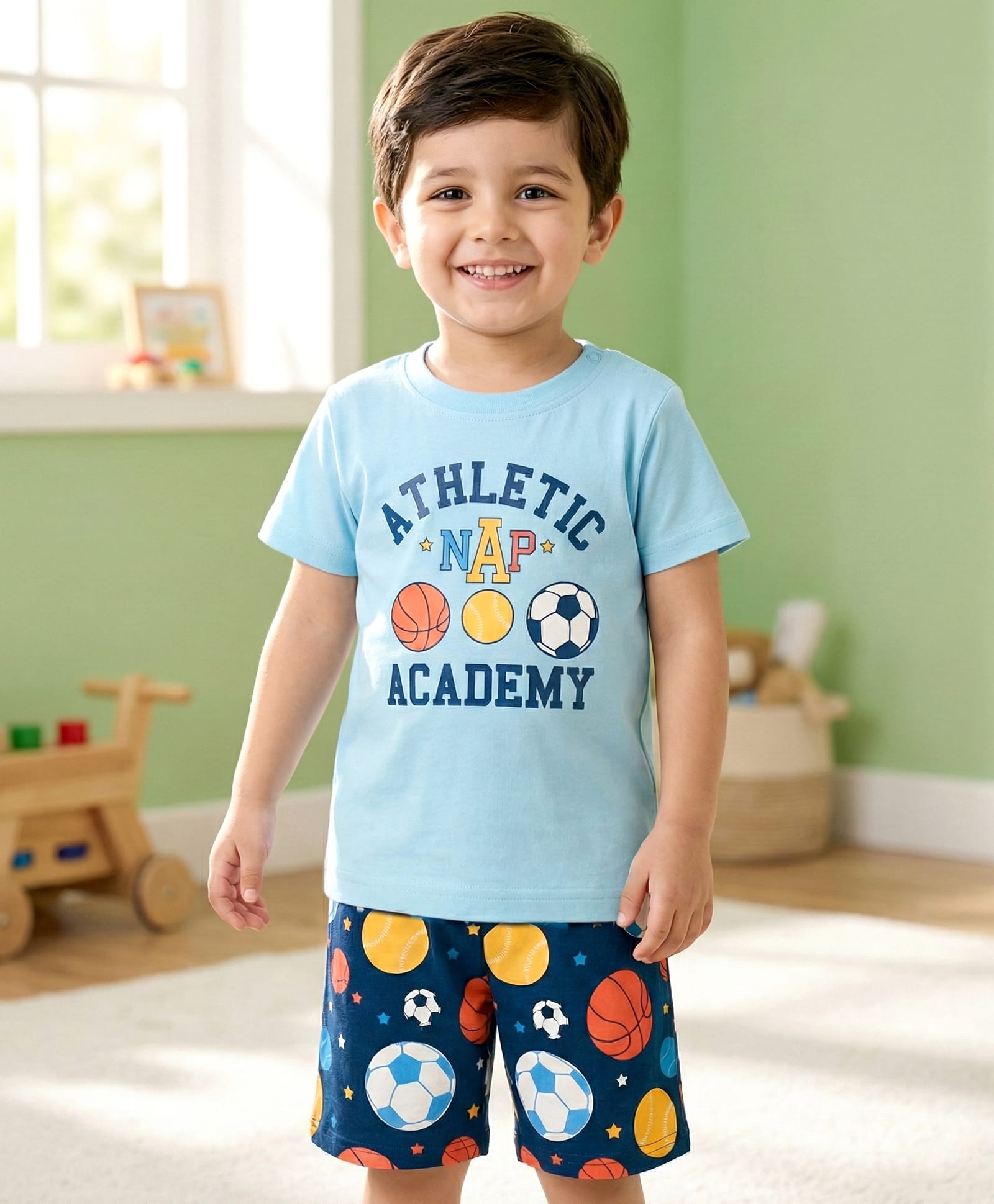 Babyhug Cotton Knit Half Sleeves T-Shirt & Shorts Night Suit With Sports Print - Light & Navy Blue-image-37