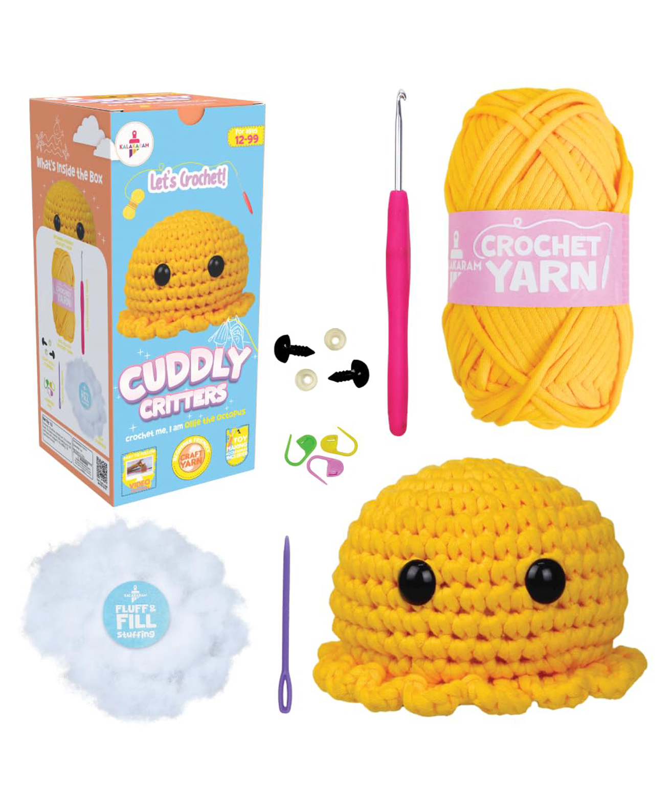 Kalakaram Crochet Kit for Beginners Make Crochet Animals | Amigurumi DIY Kit | Easy Crochet Starter Kit with Special Yarn, Hook, Stuffing, Eyes & Step-by-Step Videos | Cuddly Critters Octopus-image-5