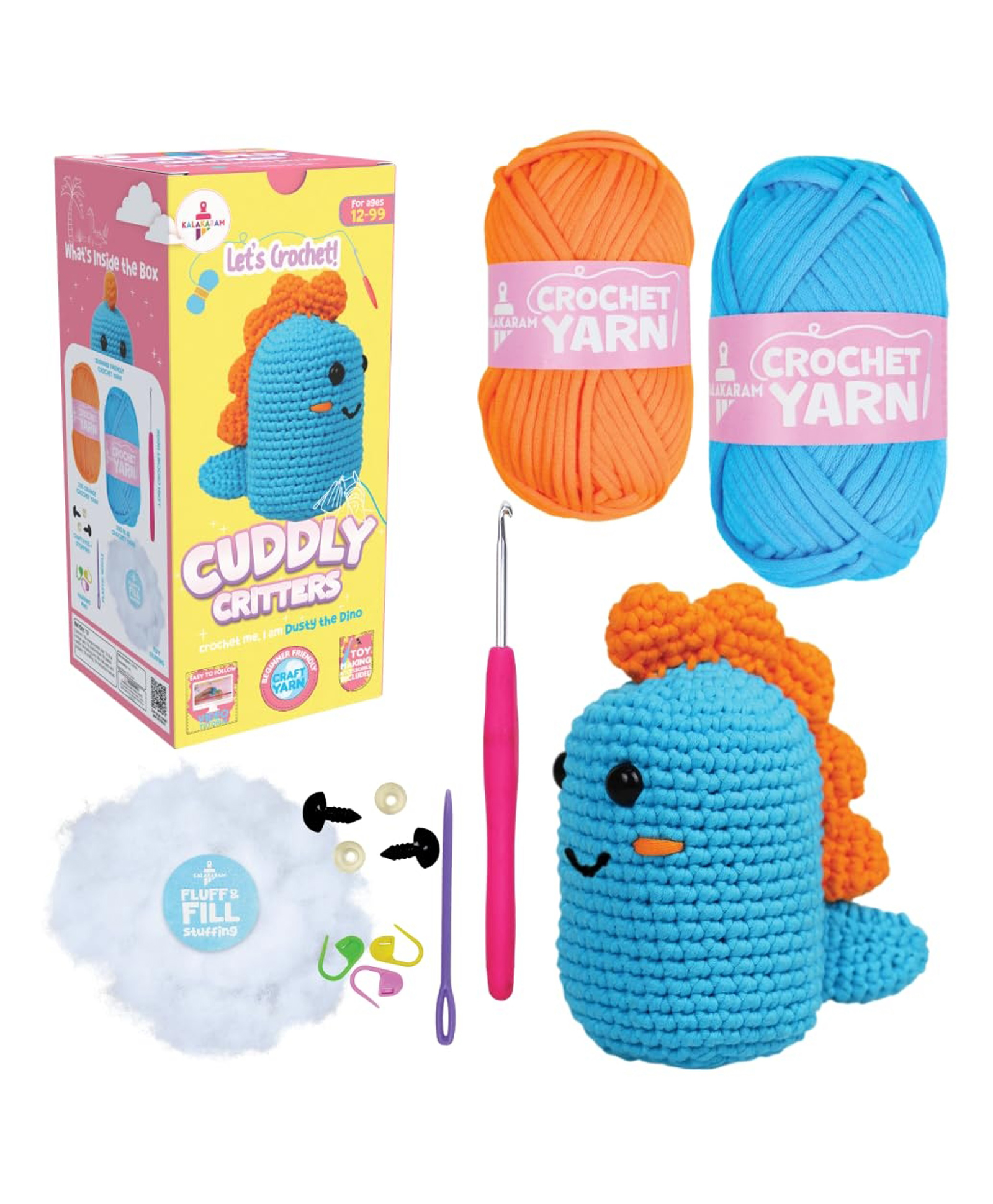 Kalakaram Crochet Kit for Beginners Make Crochet Animals | Amigurumi DIY Kit | Easy Crochet Starter Kit with Special Yarn, Hook, Stuffing, Eyes & Step-by-Step Videos | Cuddly Critters Dino-image-40