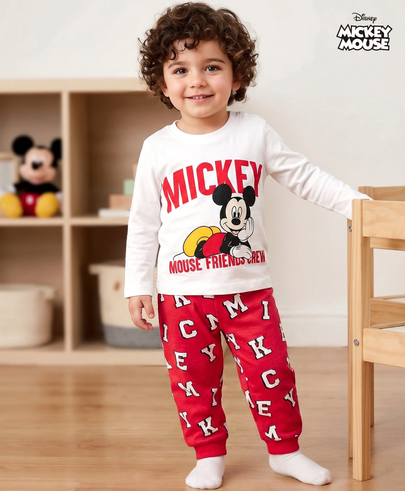 Babyhug Disney Single Jersey Knit Full Sleeves T-Shirt & Joggers Night Suit With Mickey Mouse Graphics - Multicolor-picture-34