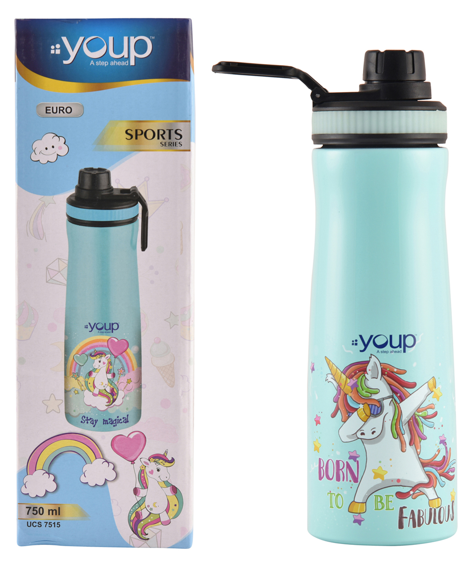 Youp Stainless steel green color Unicorn kids water bottle Euro - 750 ml-picture-0