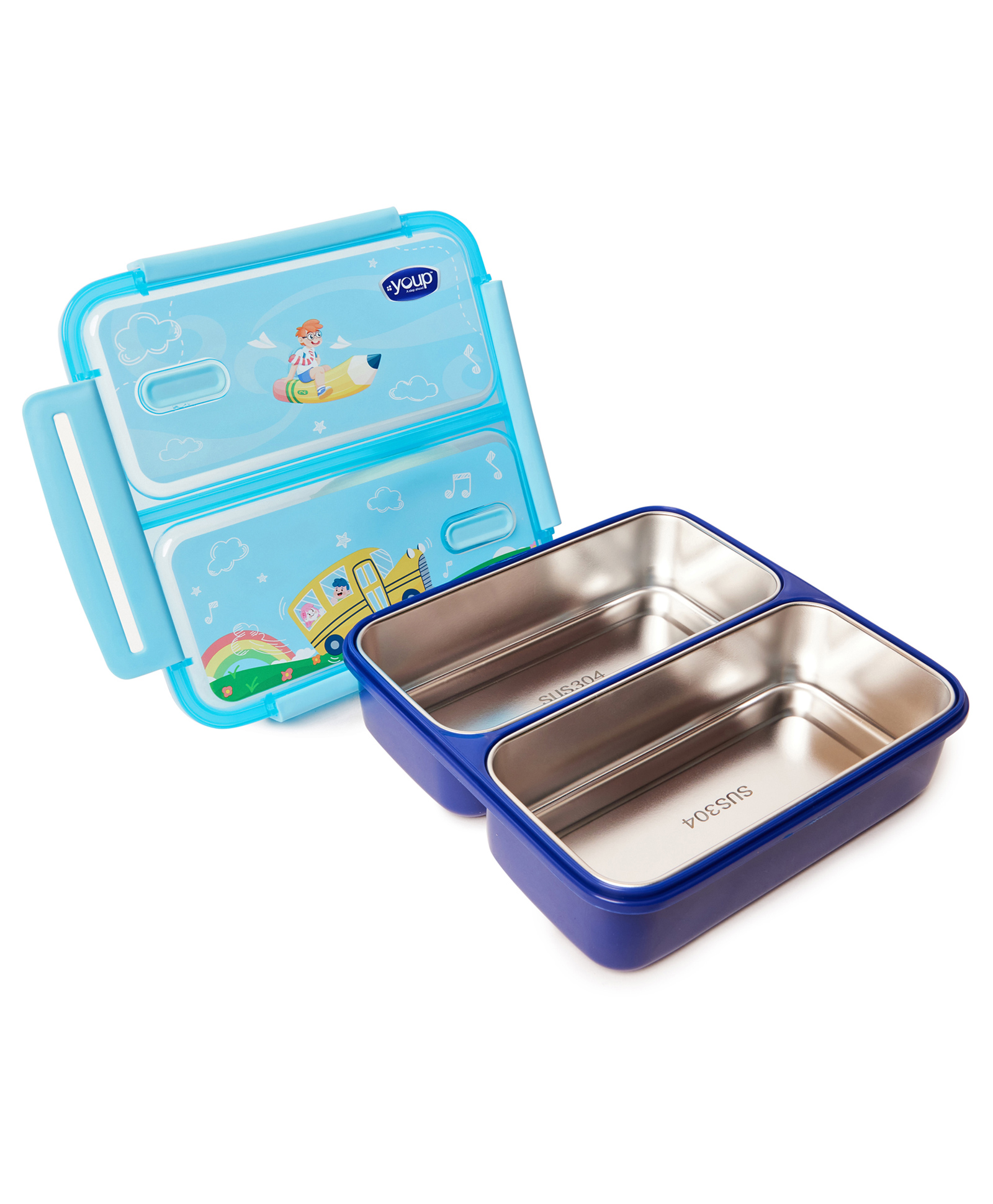 Youp Stainless Steel Blue Color Kids Bento Lunch Box With 2 Compartments TYCOON-1100 ml-picture-16