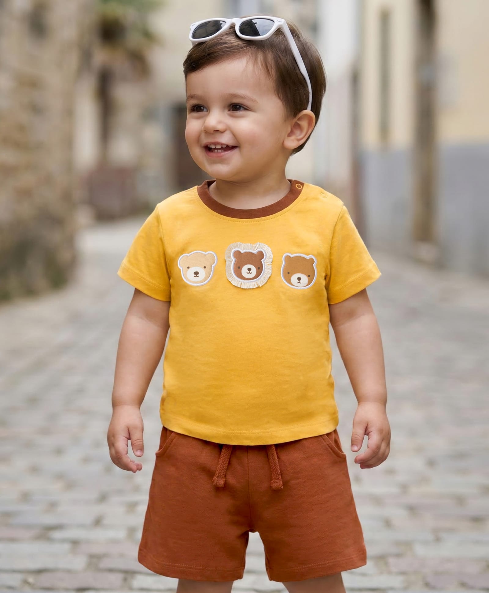Babyoye 100% Cotton Knit Half Sleeves T-Shirt & Shorts Set With Teddy Bear Patch - Brown-picture-11