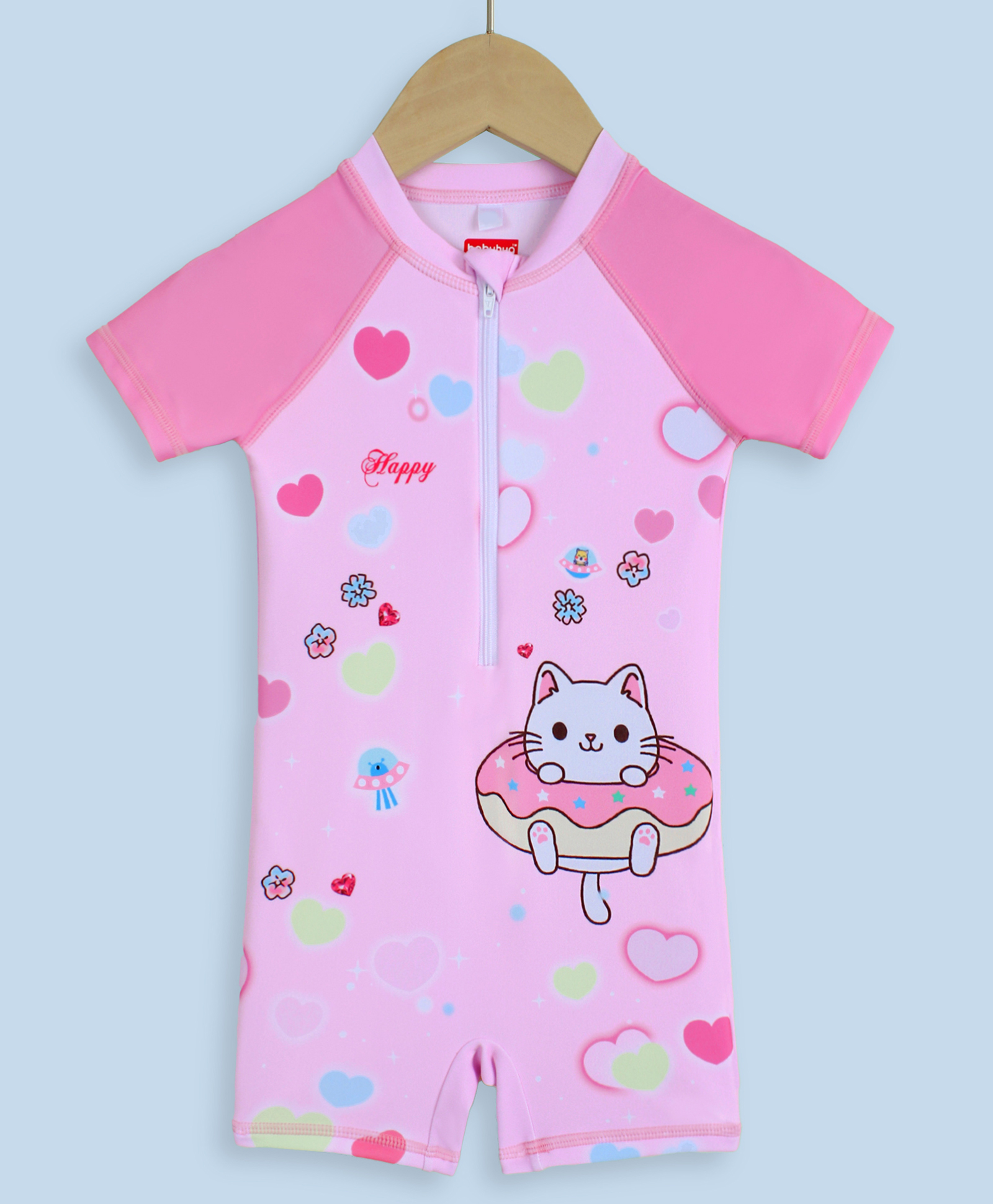 Babyhug Half Raglan Sleeves Legged Swimsuit with Animal Print - Pink