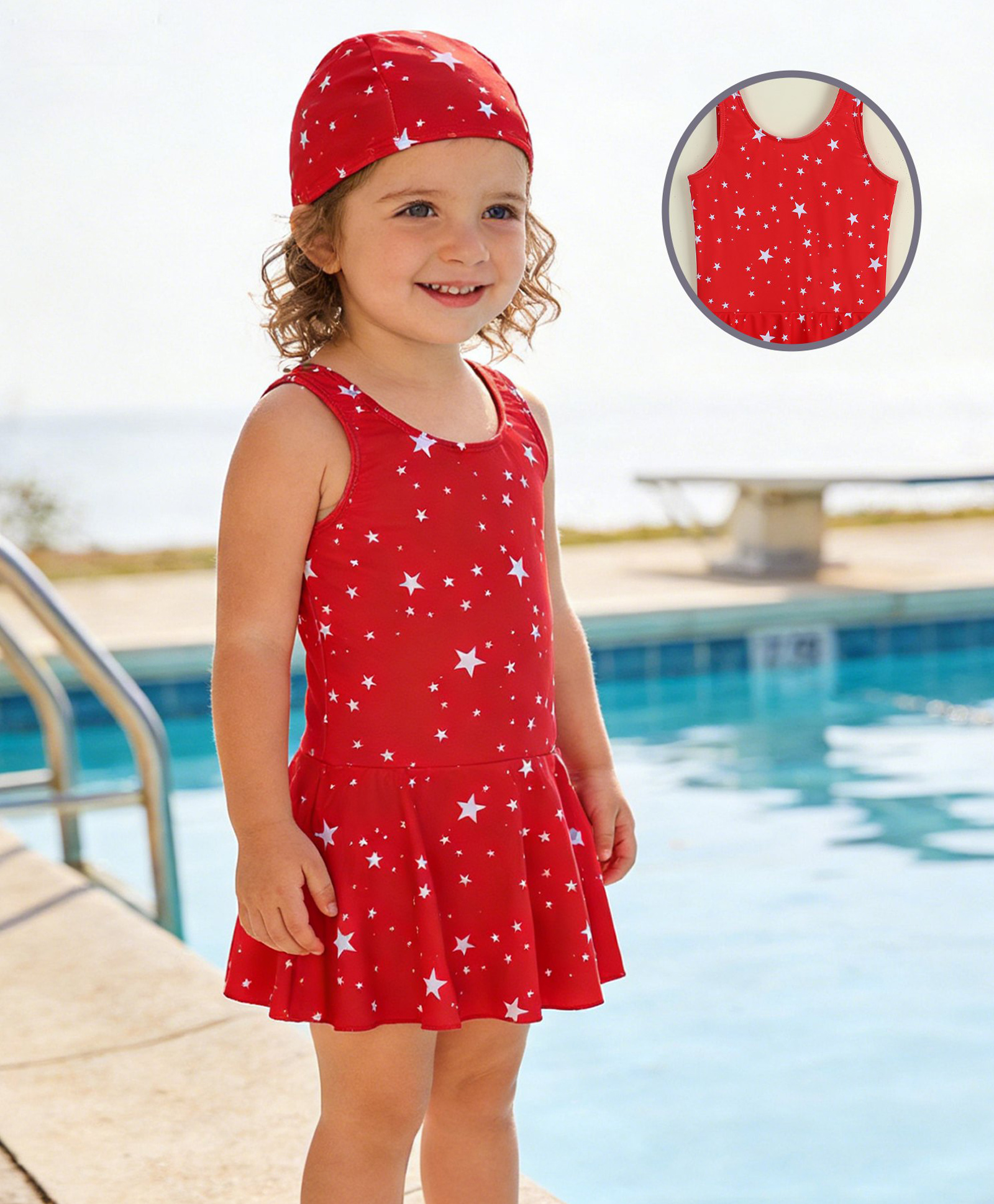 Babyhug Sleeveless Frock Swimsuit with Cap & Star Print - Red-image-33